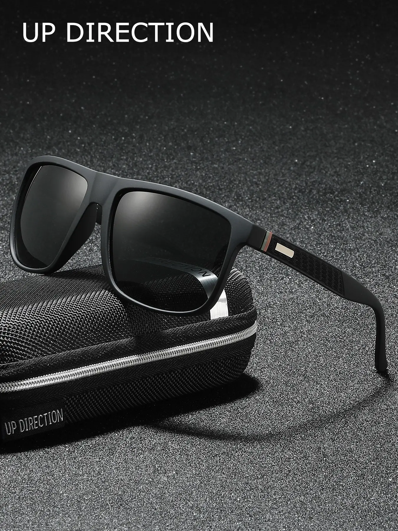 Up Direction  Matte Black Polarized Square UV Protective Sunglasses Men Women, UV400 Blocking Anti Glare Lens Textured Non-Slip Temple, Sport Fashion Shades for Driving Outdoor Beach Daily Wear