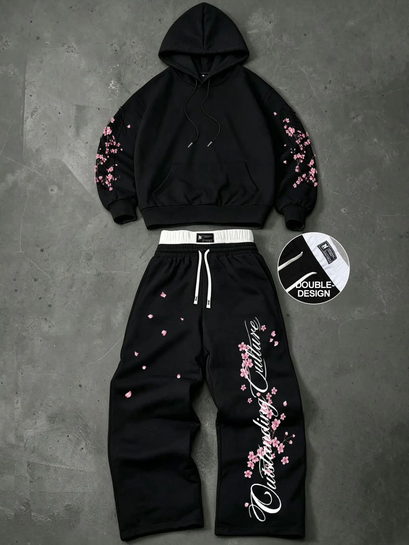 Men Y2K Aesthetic 2‑Piece Tracksuit Set, Pink Cherry Blossom Petal Cursive Letter Print Hoodie & Baggy Wide‑Leg Sweatpants, Drawstring Hood Kangaroo Pocket Elastic Waist Side Pockets Soft Loose Outfit for Skateboarding Street Going‑out Spring Autumn Daily