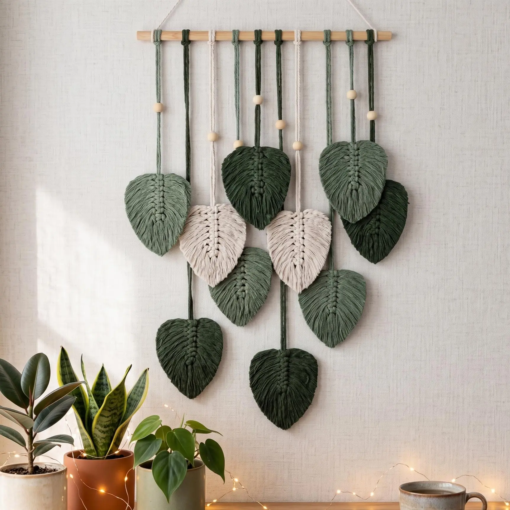 Handmade 39x15in Cotton Macrame Leaf Wall Decor - Hanging Bohemian Woven Tapestry with Natural Wood Beads, Light Chic Home Decor Item for Room Above Bed/Eye-Catching Accent, Friend Housewarming Gift