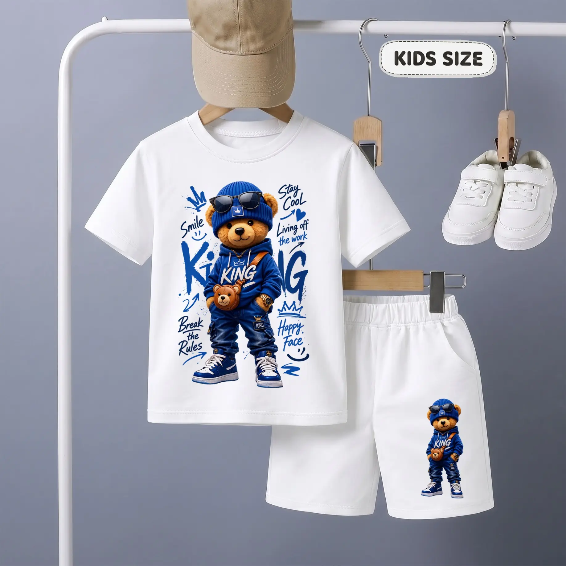 Boys’ Teddy Bear “KING” Graphic T-Shirt & Shorts Set, Streetwear Cartoon Bear Print Summer Outfit, Cool Hip-Hop Style Kids Two-Piece Clothing for Daily Wear and Outdoor Play