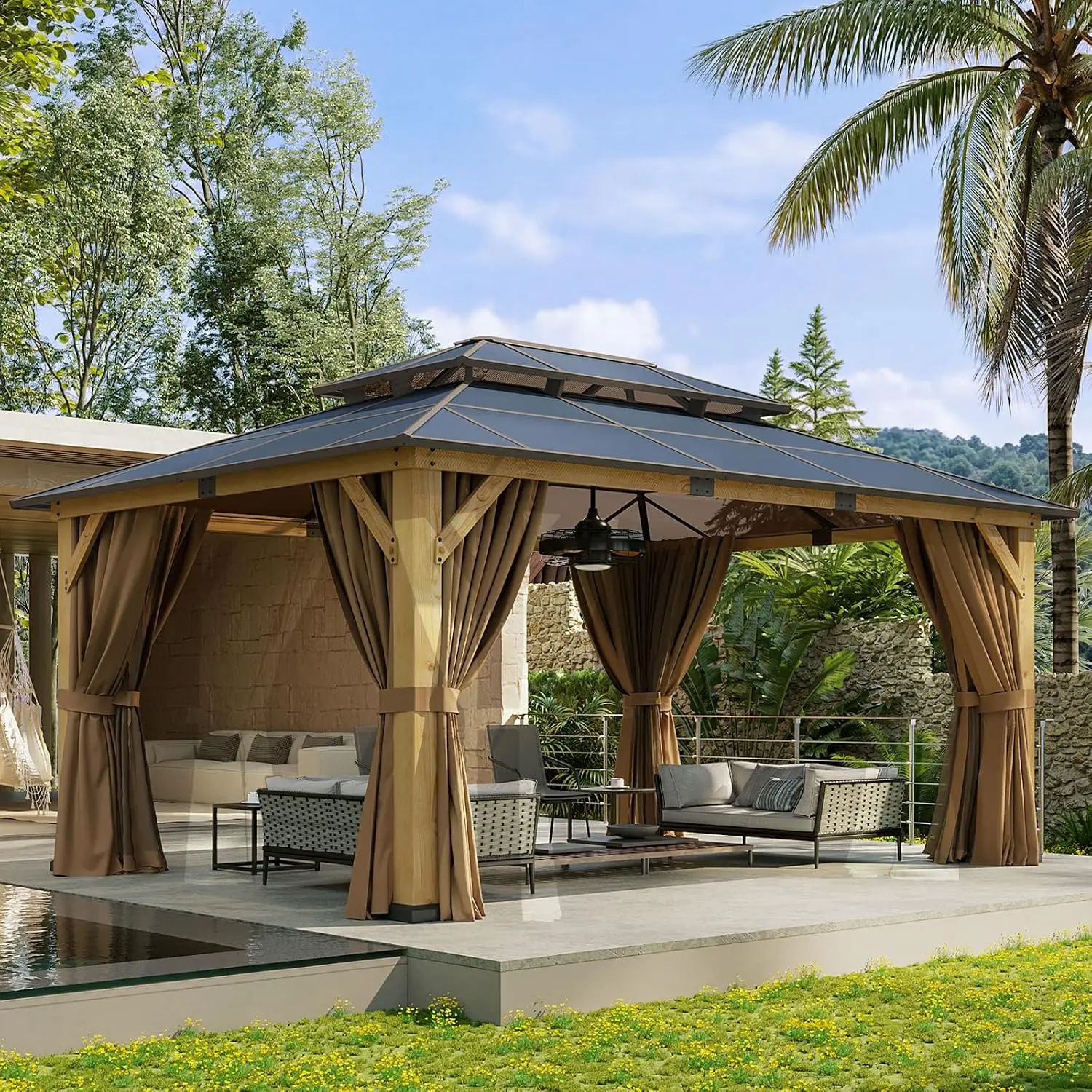 Aoxun 12' x 16' Rectangular Solid Wood Permanent Hard Flat Top Gazebo, Outdoor Patio Pavilion with Double Polycarbonate Top, 20" Ceiling Fan with Light, Iron Frame, Netting, Curtain for Sun Protection, Backyard Barbecues, Family Gatherings, Hard Top Gazeb