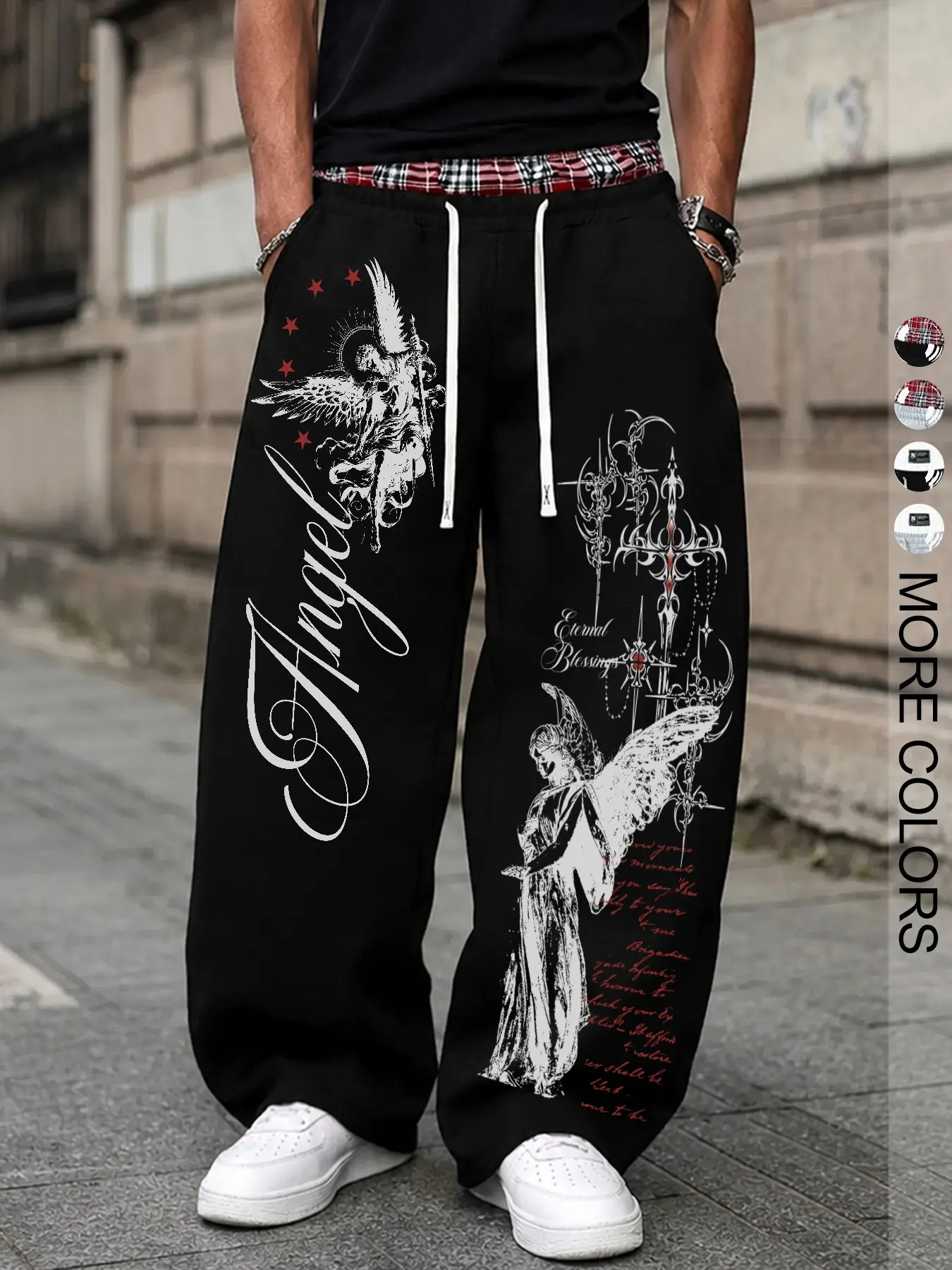 Y2K Grunge Gothic Angel Graphic Baggy Sweatpants Men Oversized Streetwear Joggers with Plaid Waistband Detail for Casual Skateboarding Hip Hop Track Pants