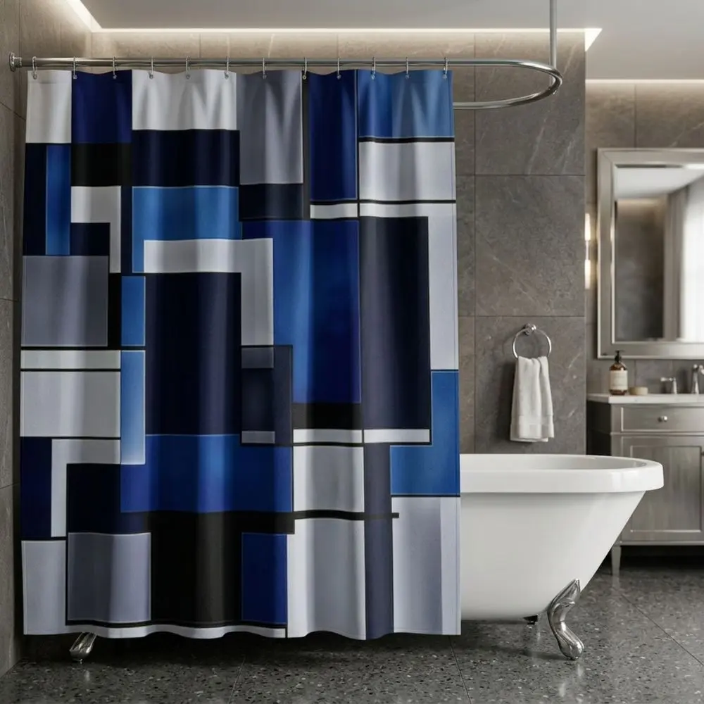 Modern Geometric Shower Curtain, Abstract Blue Navy Azure White Gray Black Rectangular Block Pattern Mosaic Design for Contemporary Bathroom, Stylish Minimalist Decor with Curved Rod and Hooks