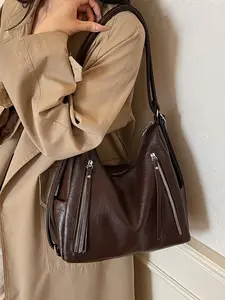 PU Hobo Bag with Contrast Trim, Dual Side Zipper Pockets, Adjustable Shoulder Strap, Large Capacity Tote for Daily Use, Grocery, Travel