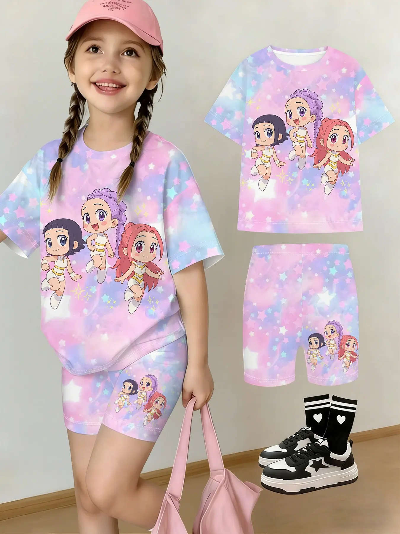 Girls' Summer Group Series T-Shirt Shorts Set, Dreamy Nebula Star Cartoon Print, Casual Streetwear, Perfect Gift for Kids, Outdoor Friendly, Summer Clothing Set