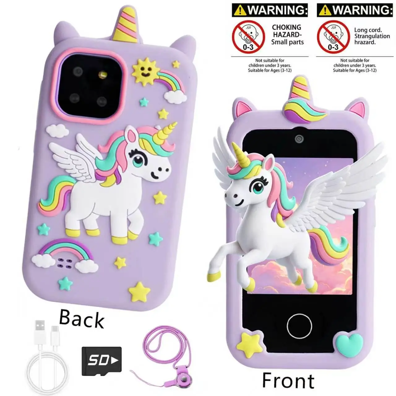 Kids Learning Toy Phone with 2.8 Inch Touch Screen Dual Camera, Cute Dinosaur Unicorn Cartoon