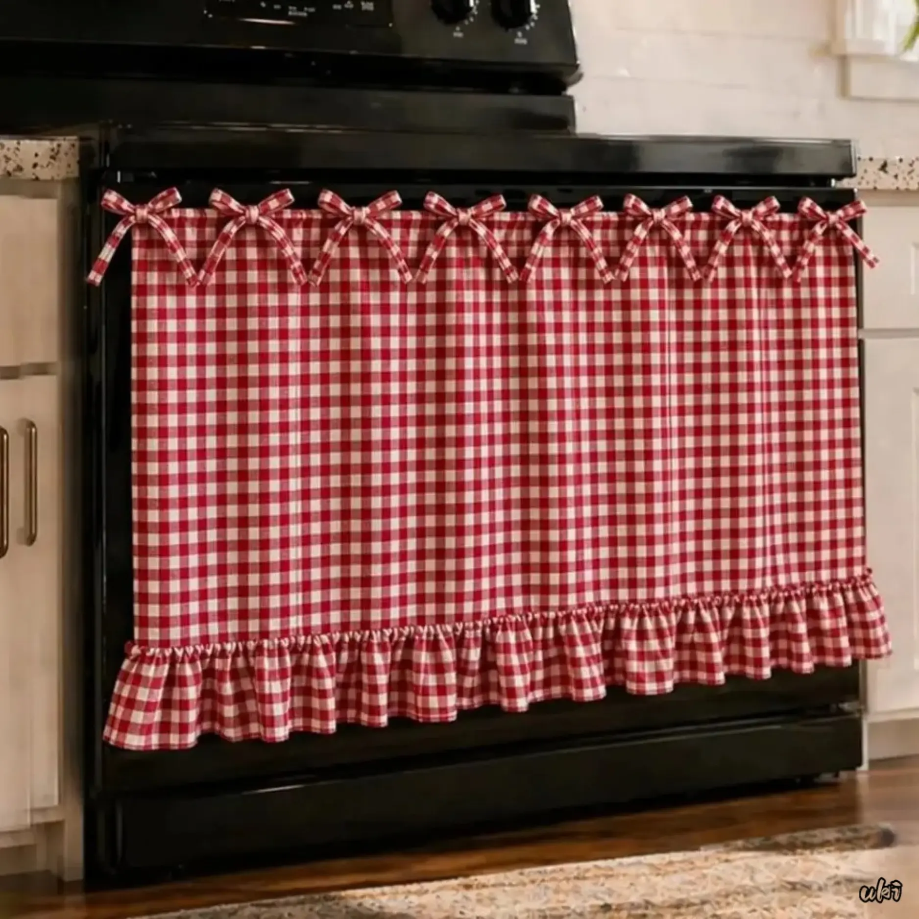 Boho Farmhouse Gingham Plaid Oven Skirt Cover, Cottagecore Stove Curtain with Ruffled Bow Tie and Lace Trim for Rustic Kitchen Home Decor, Kitchen Decor, Stove Cover, All-Seasons, Double Fabric, Decorative Cover, Cottage Core Decor