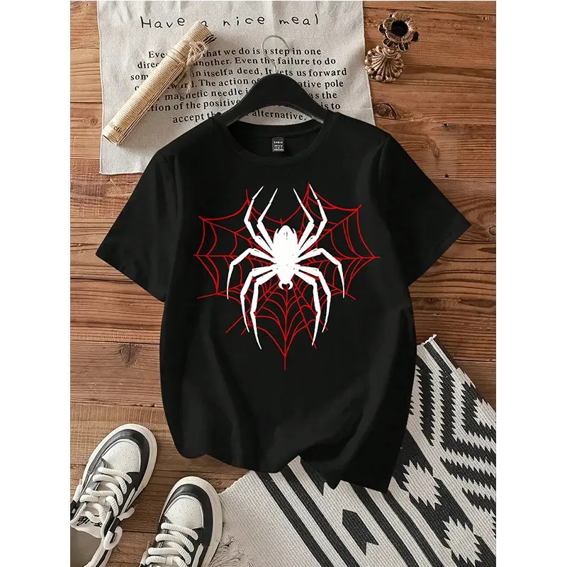 Women's Gothic Spider Graphic T-Shirt, Customized Shortsleeve Streetwear Top, Comfortable Cotton Fabric for Summer Beach Wear, Tshirt, Soft Cotton, Spider Print, Cold Wash