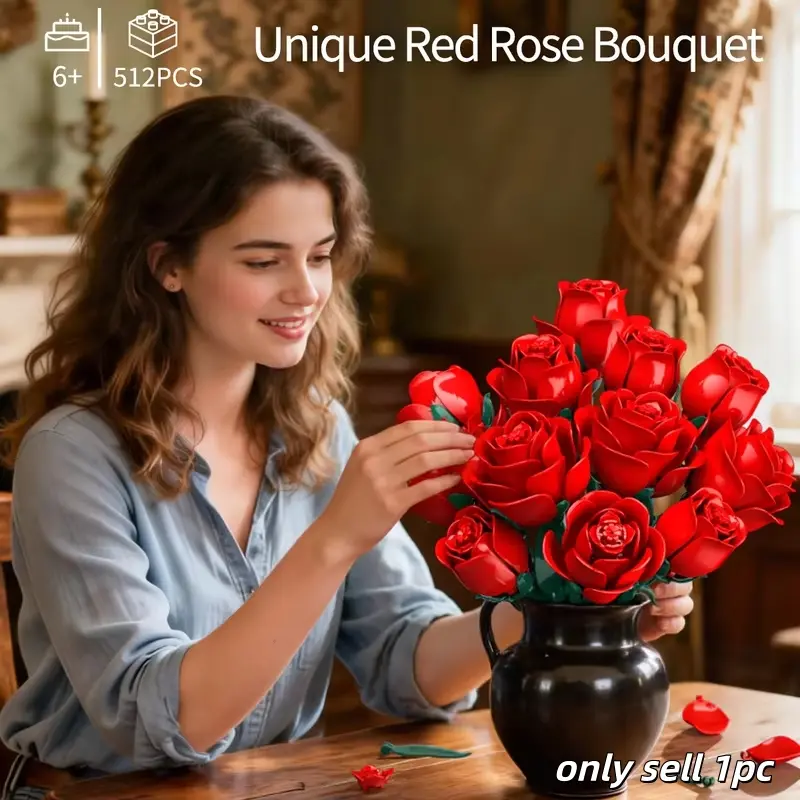 Red Rose Building Blocks Toy Model Bouquet 12 Piece Combination Assembly MOC Flower Arrangement, Girl Birthday Gift, Home Decoration, Valentine's Day Gift, Plant Decoration