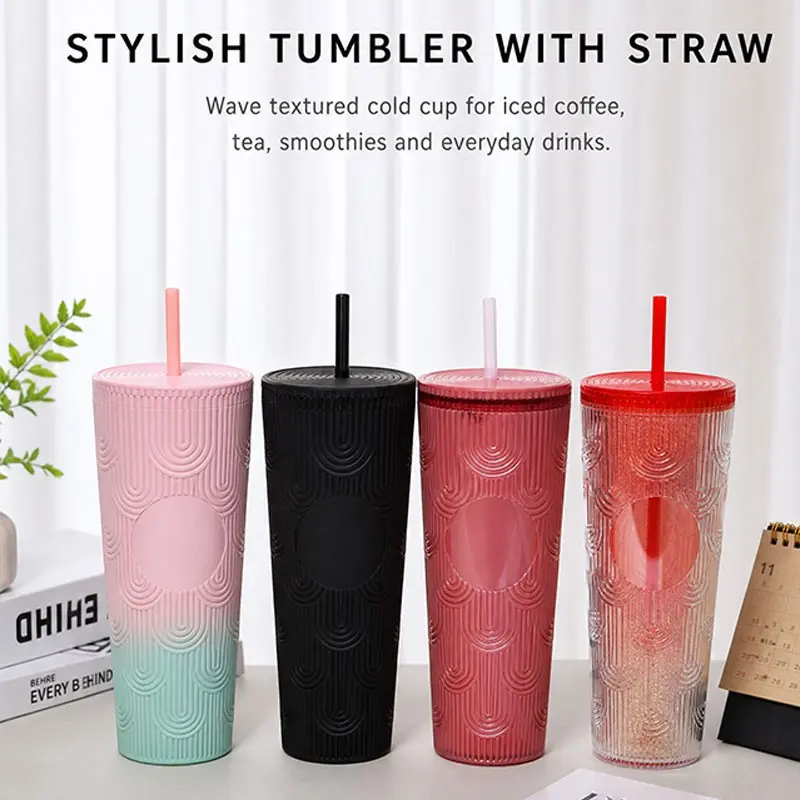 700ML/24oz Plastic Tumbler with Lid and Straw, Reusable Wave Textured Double Wall Insulated Cup, Portable & Washable Travel Mug