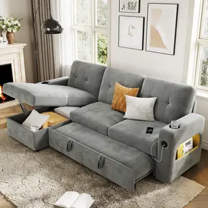 Garvee 84" Modern L-Shaped Sleeper Sofa with Storage, Charging Station, LED Lights, USB/Type-C Ports, Reversible Chaise, Convertible Sectional Bed, Velvet Upholstery in Light Gray, Dark Gray, or Beige