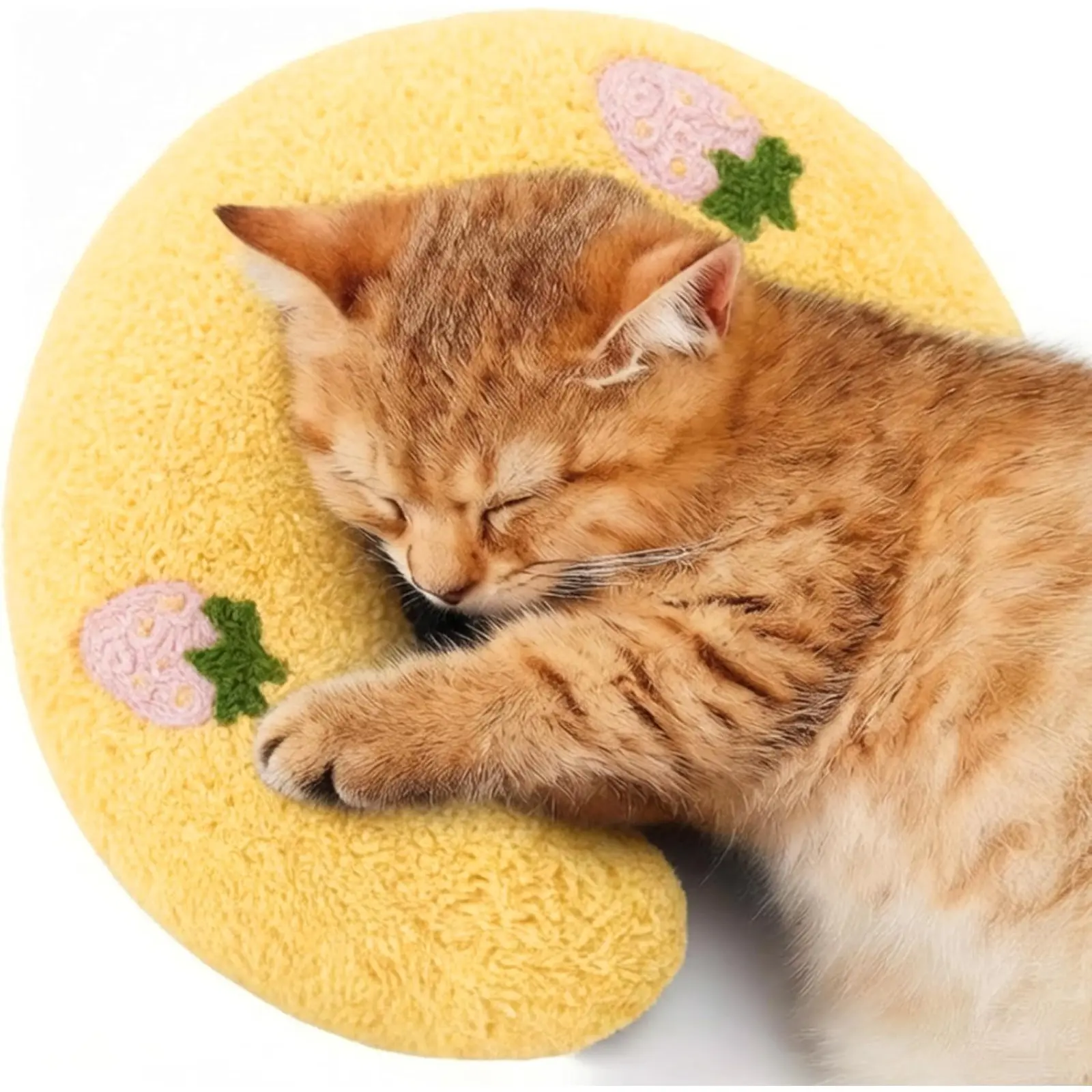 Plush Fabric U-Shaped Cat Bed Pillow - Art Deco Design, Anxiety Ease, Supportive Rest for Joint & Cervical Relief, Machine Washable Donut Bed for Indoor Cats & Small Dogs