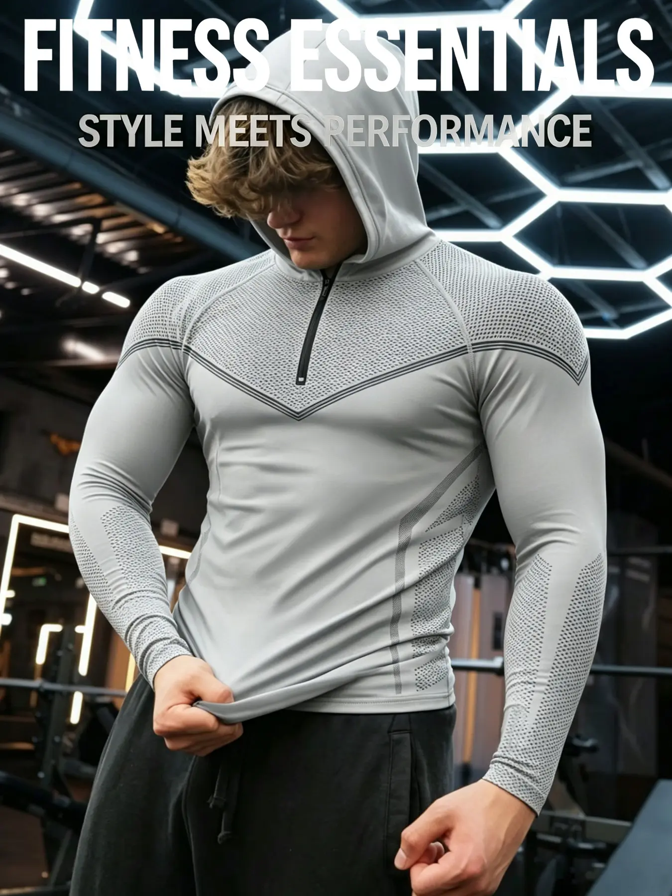 Men's Hooded Compression Fitness Long Sleeve Top, Quick-Dry High Elasticity Mesh Fabric, Half-Zip Shoulder Fit, Ideal for Gym Training