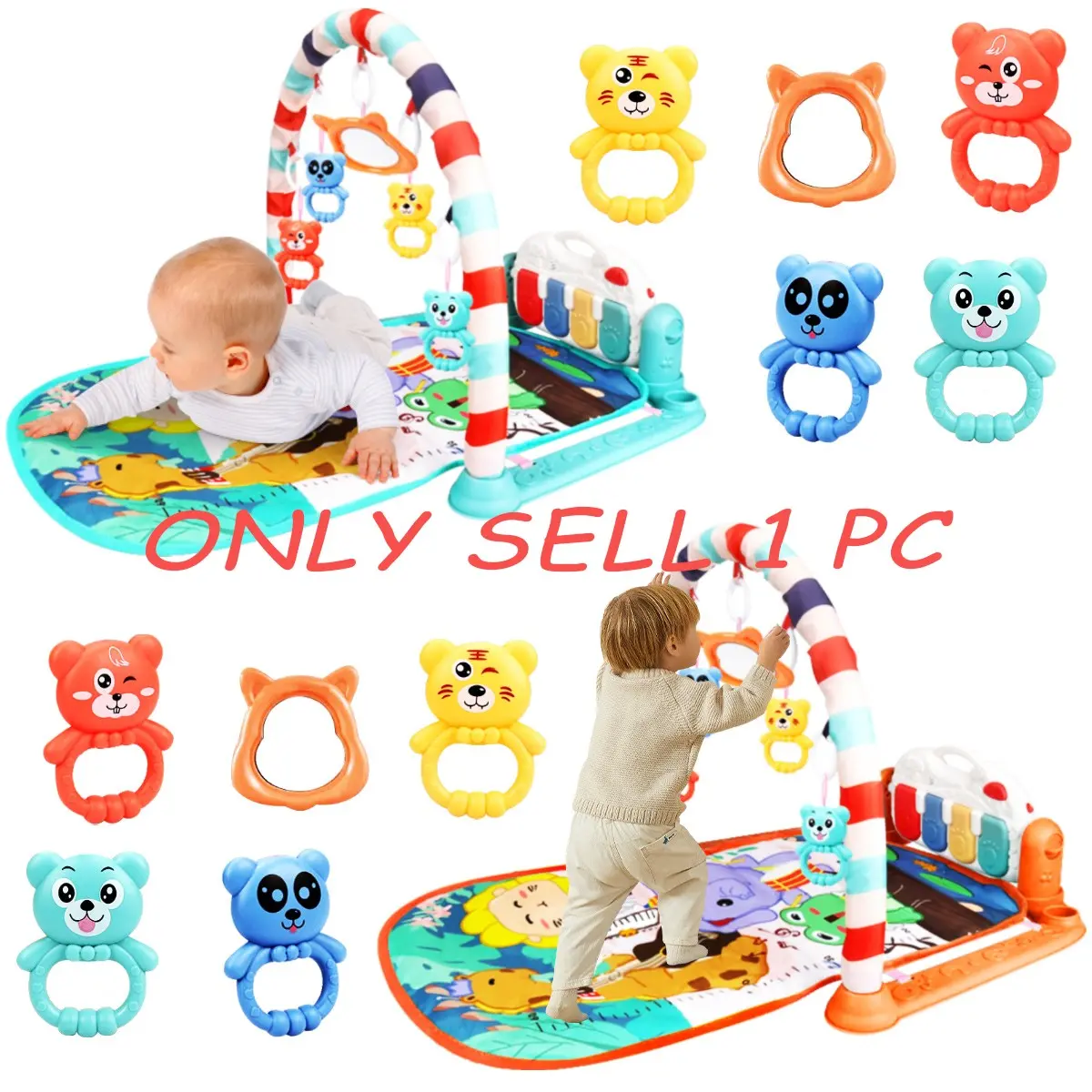 Baby Pedal Piano, Musical Activity Center Baby Piano Gym Mat Tummy Time Padded Play Mat for Newborn Toddler Infants, Christmas/Birthday/Halloween Gift, Random Accessories Color, Play Mat for Babies