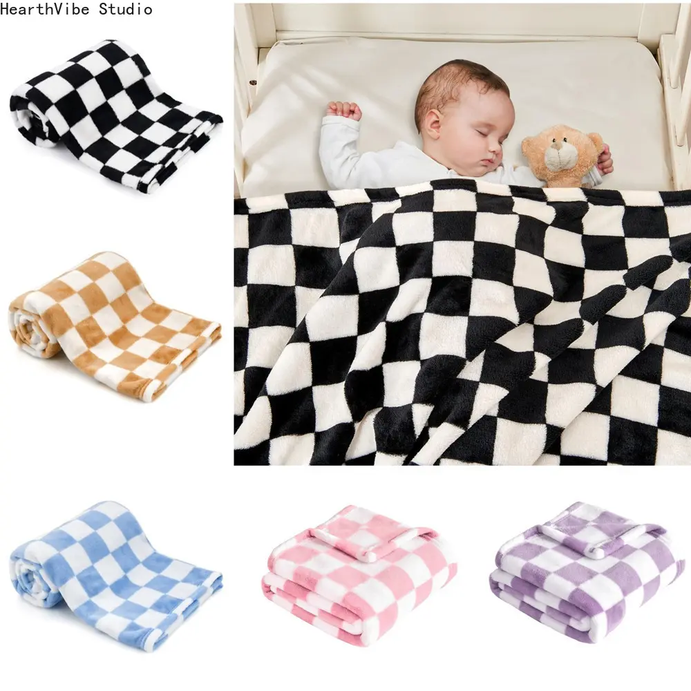 Blanket Trendy Checkered Receiving Blankets Soft Fleece Newborn Swaddle Wrap Multifunctional Toddler Stroller Cover Cozy Breathable Crib Bedding Quilt for Nursery Travel Nap Time