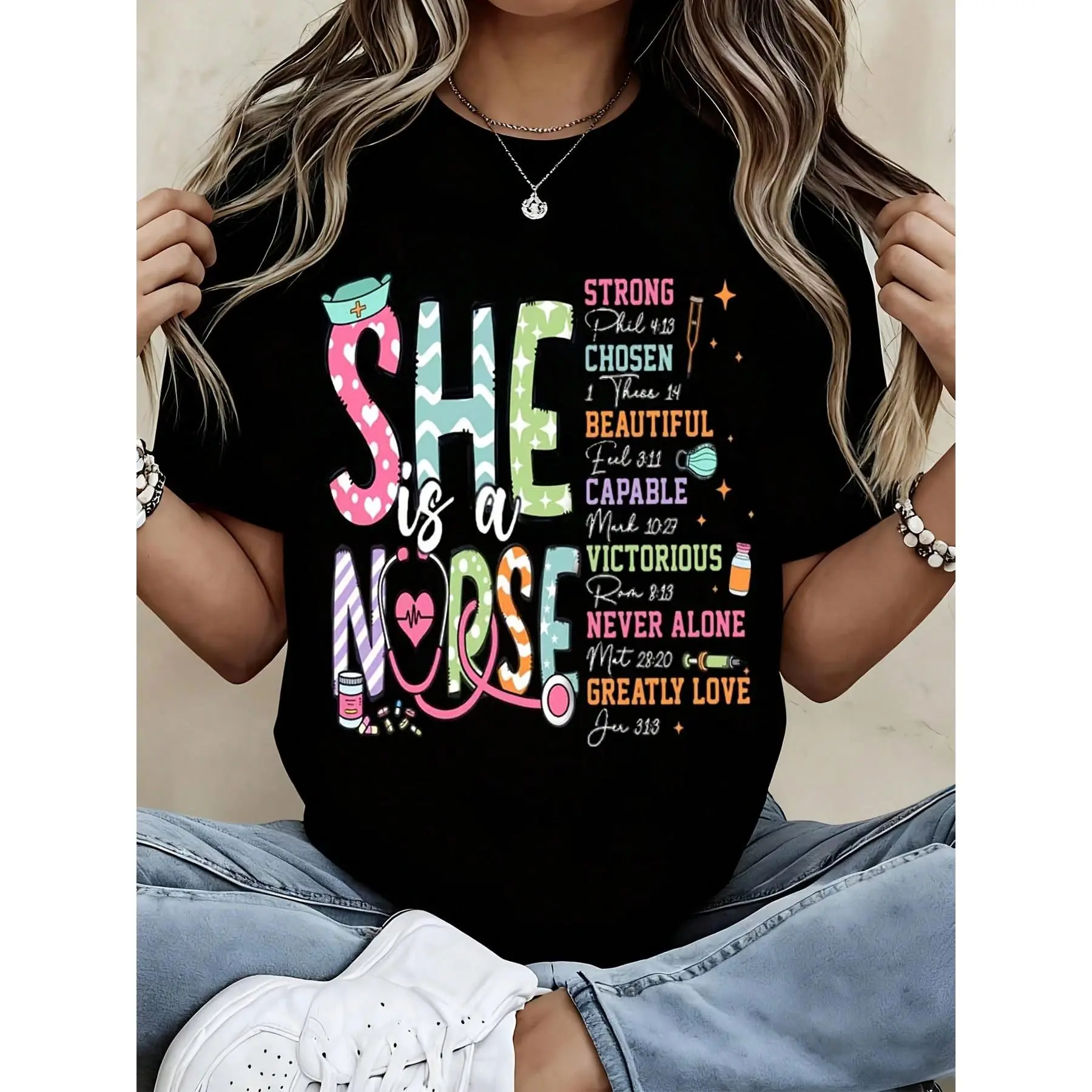 Nurse's Casual Round Neck Short-Sleeve Knitted Cotton Pullover Top - 1-Piece, Colorful Typography, Inspirational Bible Verses, Regular Cut, for Nurses' Work or Gifting (Sports & Outdoor Clothing, Sports Tops)