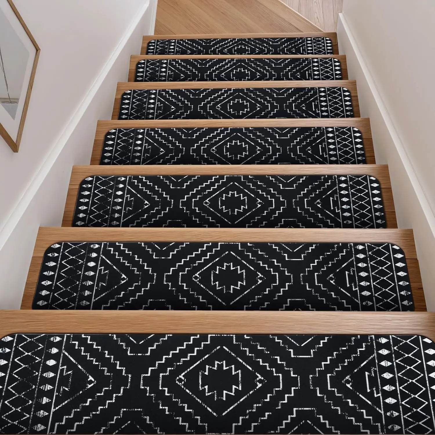 Boho Stair Treads Non-Slip Stair Runners for Wooden Steps Indoor 15PCS 30"x8" Washable Carpet Stair Treads Stair Mats Staircase Step Treads for Kids, Elders and Dogs, Stair Covers, Black
