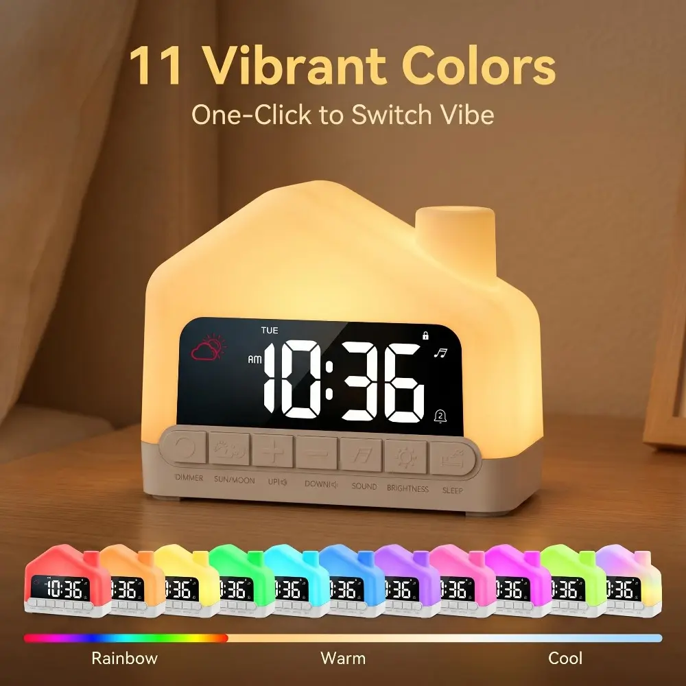 House Shaped Digital Alarm Clock with RGB Color Changing Ambient Night Light, Dual Alarms Desk Clock with Snooze & Dimmable Display, Multifunctional Bedside Clock with Music Play for Bedroom Home Decor