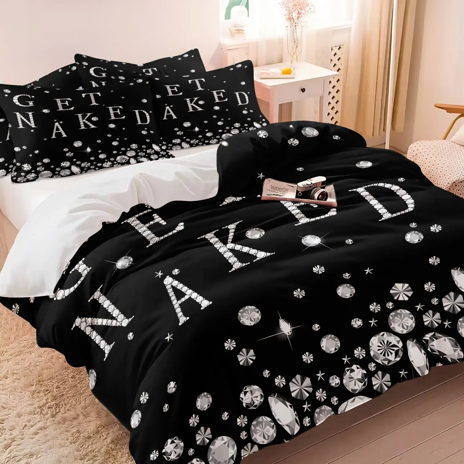 Luxury Rhinestone Fun Letter Duvet Cover Set & 1-2 Coreless Pillowcases, Black Base Decorated With Eye-Catching English Slogans And Bright Silver Rhinestones, Soft, Skin-Friendly And Breathable Bedding For Modern Luxury Bedroom Decor