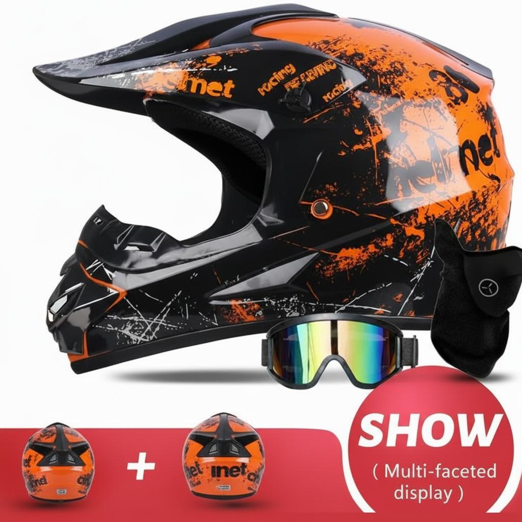 Motocross Helmet Kids Youth – Off-Road Dirt Bike ATV Helmet Combo with Goggles Gloves Neck Gaiter, Shark Graffiti Design, Lightweight Ventilated Protective Gear for DH AM Downhill Cycling