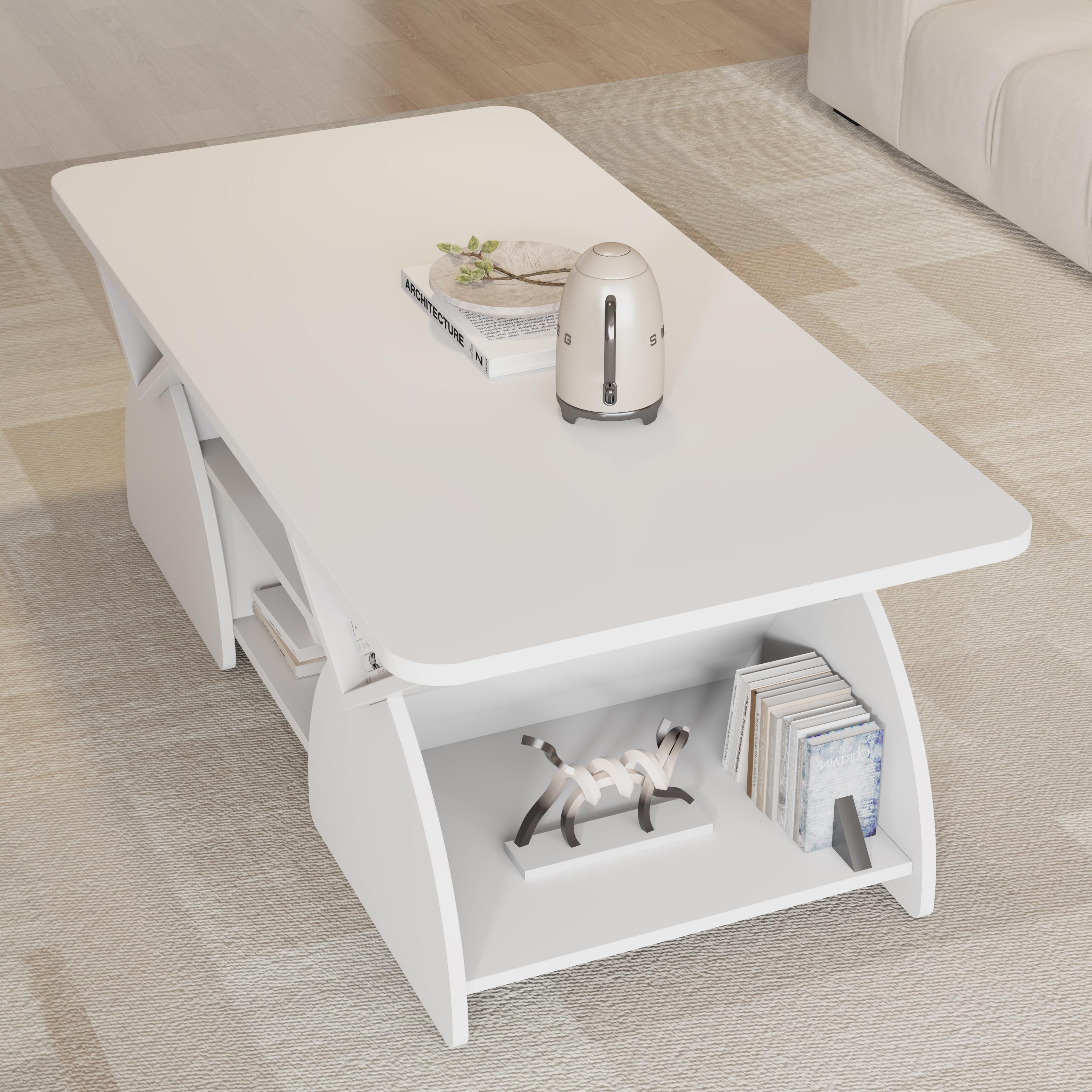 Engineered wood rounded corner rectangular coffee table for living room, easy assembly storage table with open shelves sturdy frame for Reception Room, Modern Coffee Table Geometric Design
