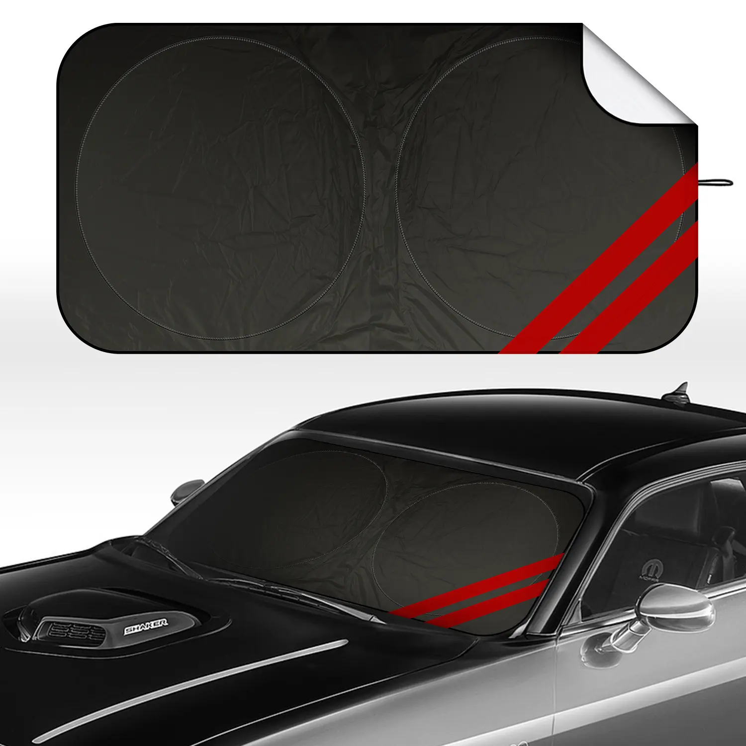 Front Window Windshield Sun Shade for Dodge Challenger, 160×85cm Double Red Stripe Auto Sun Visor, Anti-UV, Heat Reduction, Interior Fading Slowdown, Easy Foldable Car Exterior Accessory