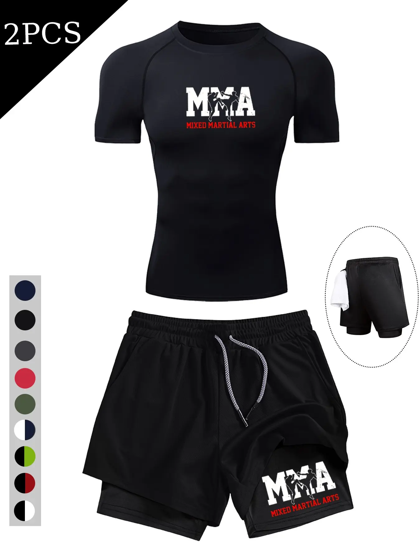 Men's Two-Piece Mma Letter Print Sports Compression Quick-Dry Set, High Performance Sportswear, Fitness Outfits, High Stretch Gym and Outdoor Wear, Slim Fit Tee and Drawstring Shorts