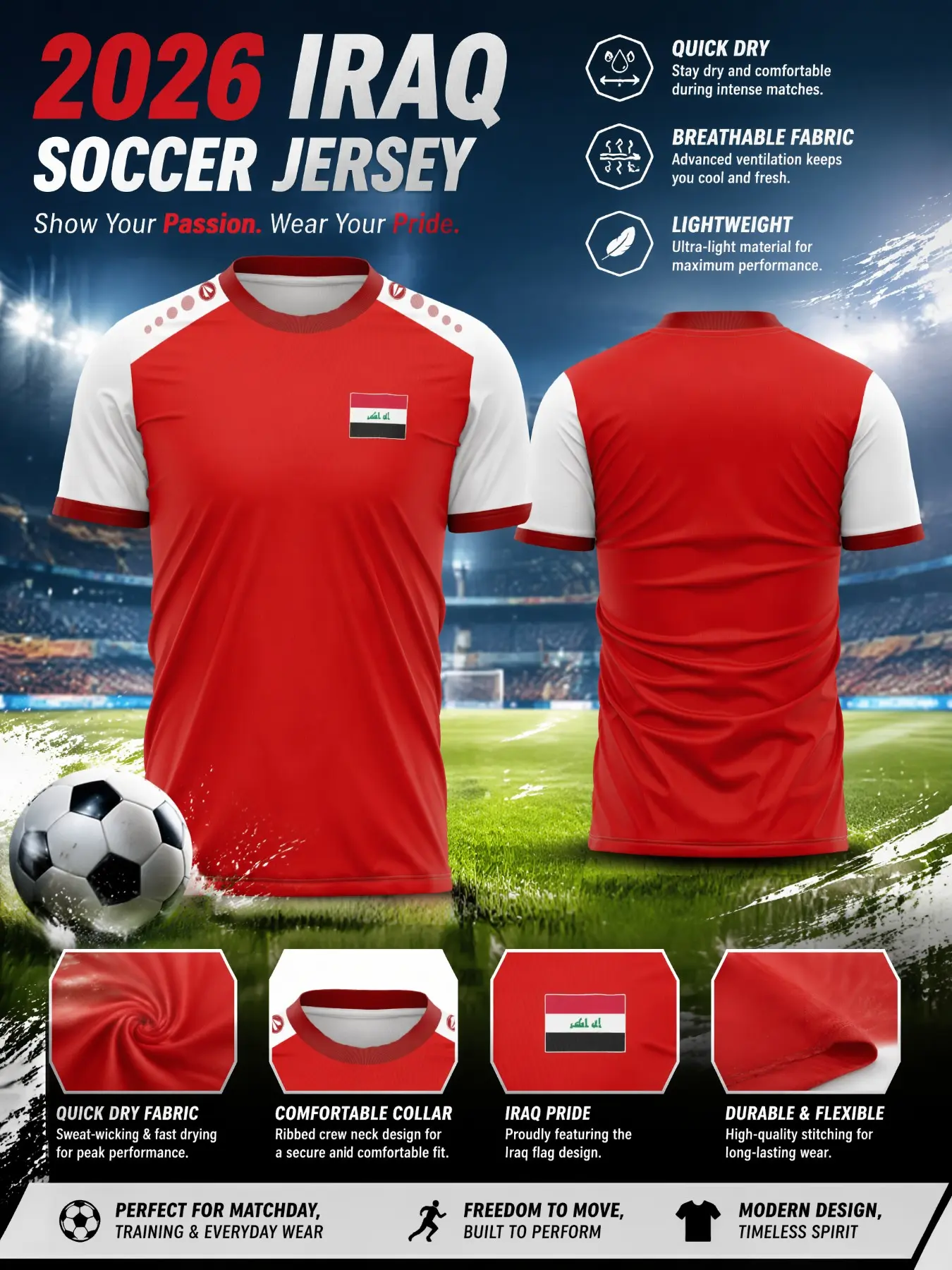 2026 Iraq Colorblock Men's Soccer Jersey Shirts, Quick-Dry Breathable Mesh Short Sleeve, Sports Training, Casual Streetwear
