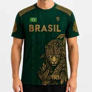 Brazil Graphic Soccer Jersey Shirt Men Women, Green Gold Jaguar Print Crew Neck Fan Tee, Summer Game Day Outfit, Casual Streetwear Top,clothes,outfits,men's wear,men fashion,summer men clothes,fashion men clothes,4th of july shirts