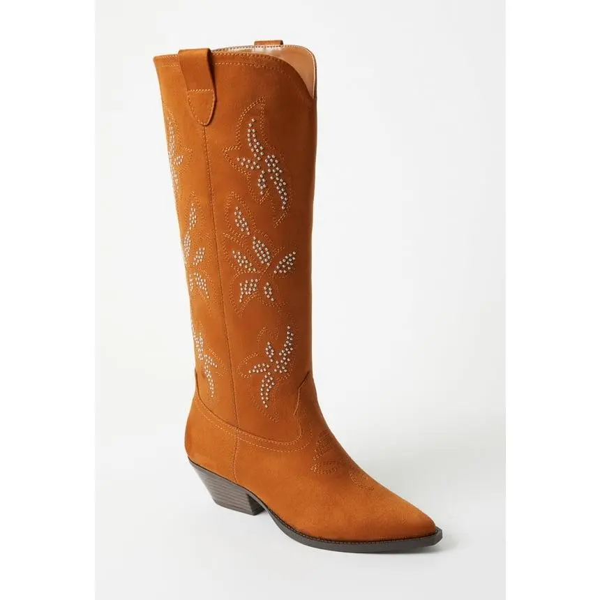 JUST FAB Women's Rhinestone Western Cowboy Boots Knee High Pointed Toe Stacked Heel Cowgirl Boots Festival Fashion Boots