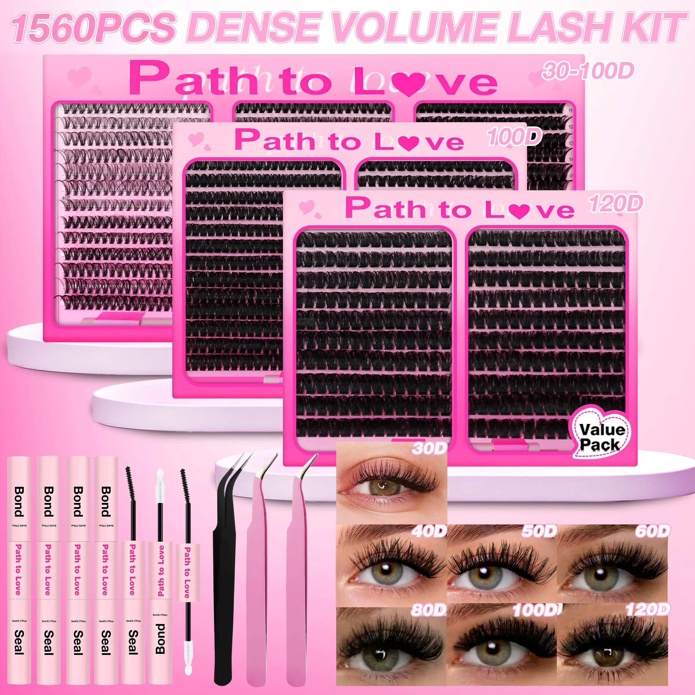 1560pcs Value Lash Kit, Includes 4 Adhesive Glue Tubes + 3 Lash Tweezers, DIY Eyelash Extension Set for Home Use