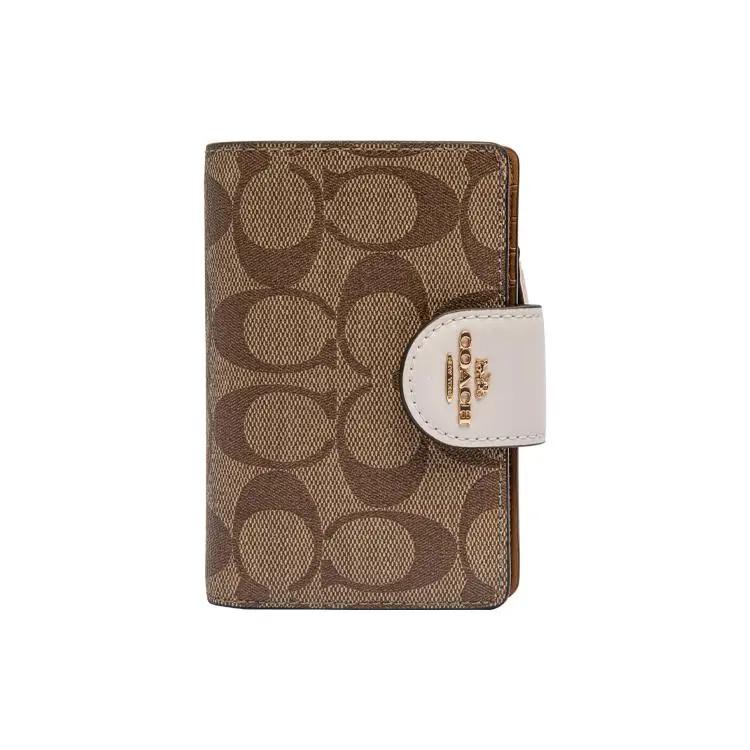 COACH Corner Zip Vintage Print Canvas and Leather Wristlet Bag for Women, Medium Size, White and Khaki Monogram
