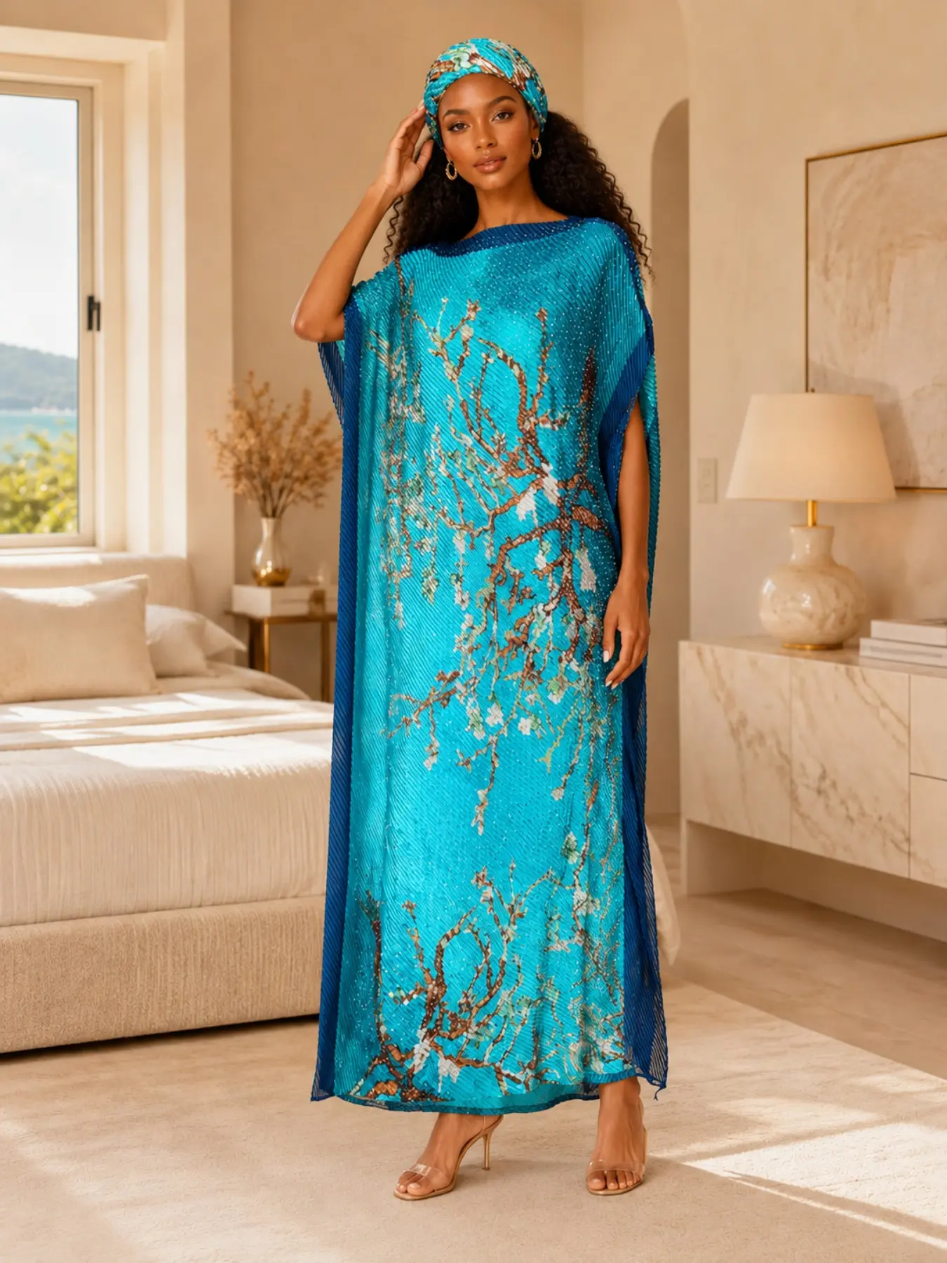 Plus Size Women 2 Piece Pleated Satin Caftan Robe Set, Turquoise Blue Plum Blossom Branch Print Hotfix Rhinestone Embellished Loose Batwing Sleeve Kaftan Style Maxi Dress with Matching Head Scarf, Curvy Elegant Loungewear for Home Beach Vacation