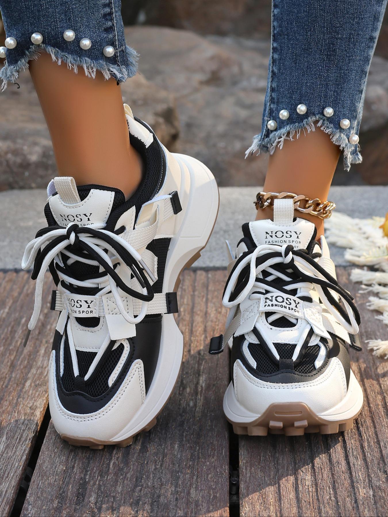 Women's Fashionable Solid / Colorblock Lace Up Sport Sneaker Walking Shoes, Casual Comfortable Breathable Sports Shoes, Female All-match Round Toe Shoes for Daily Wear