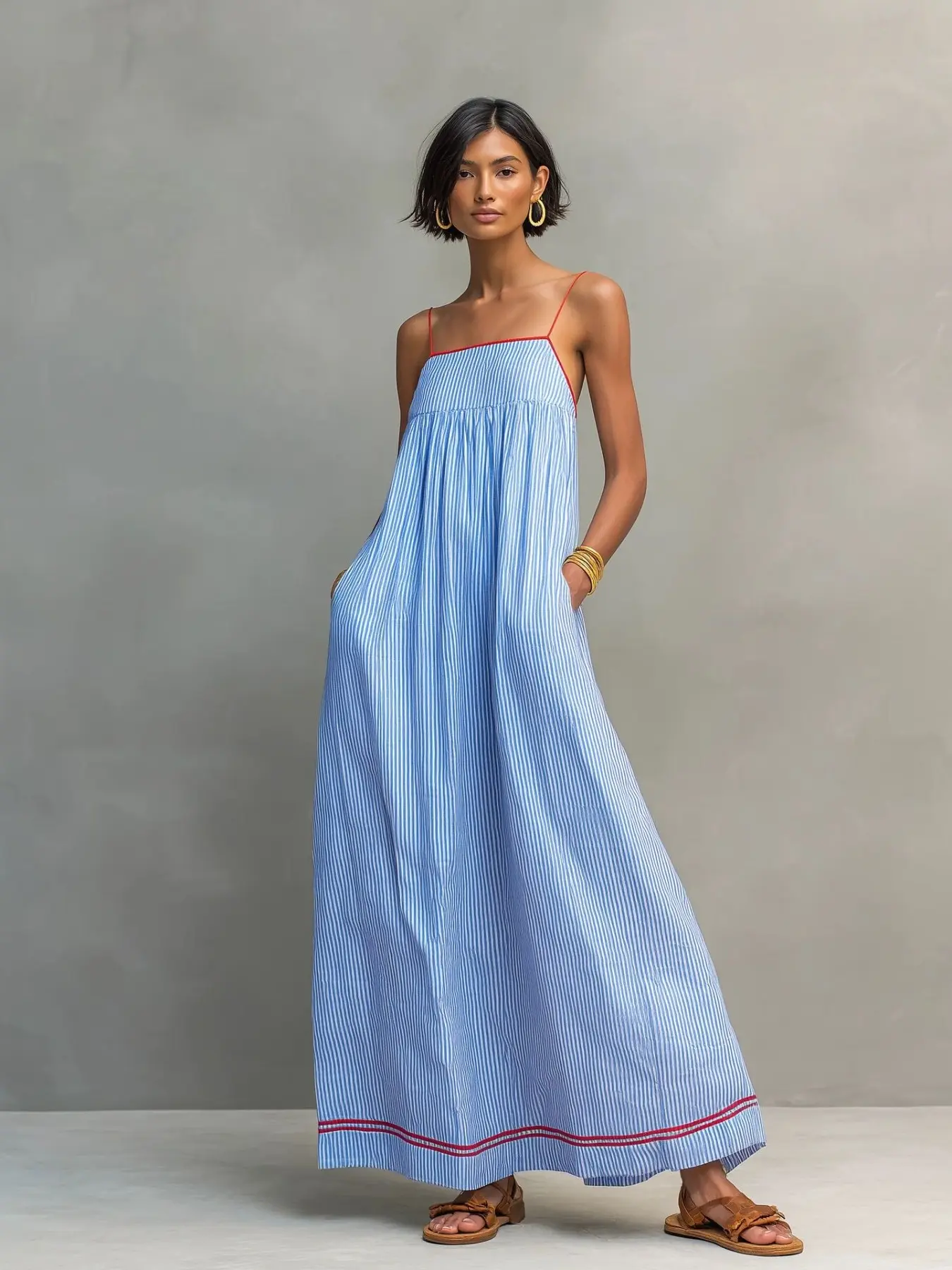 2026 Summer Fashion Casual Striped Strapless Sleeveless Long Dress for Women, Casual Wear, Perfect for Vacation Travel Commute, European and American Style