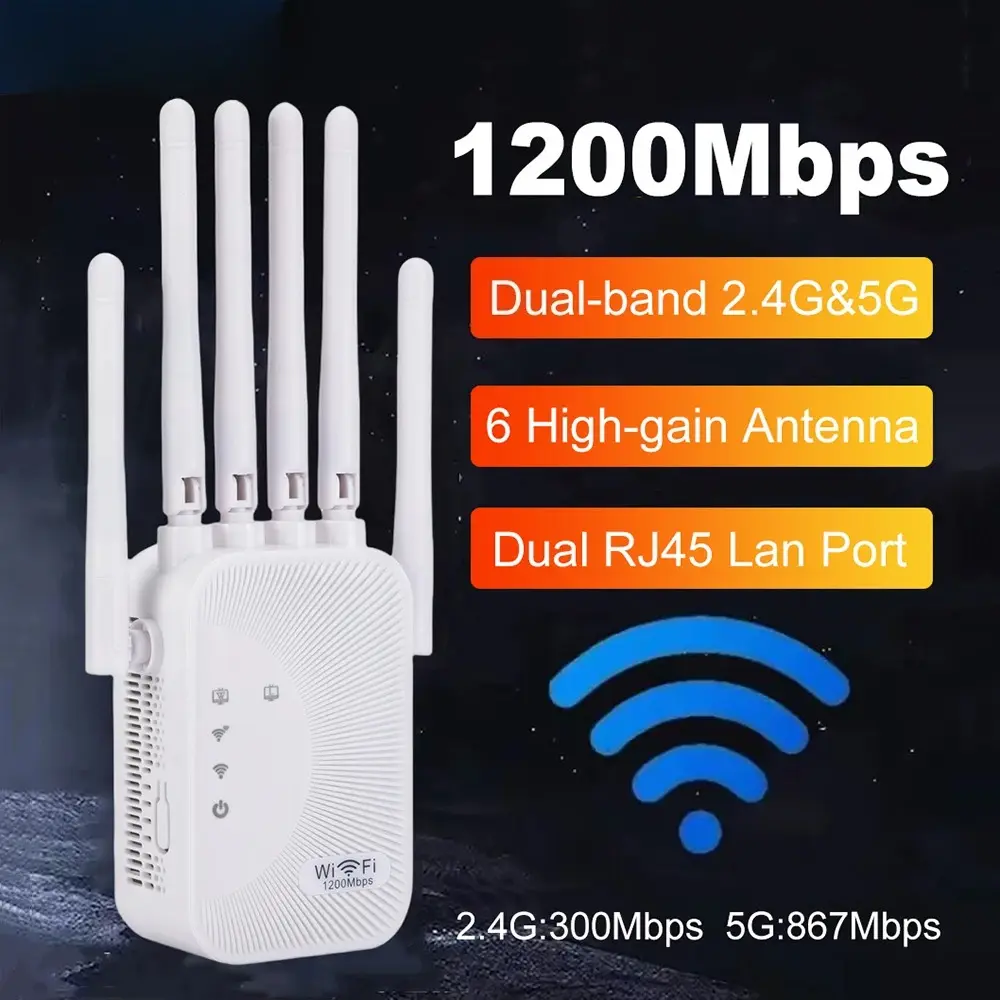 1200/300Mbps Dual-Band (2.4G-5G) WiFi Range Extender, Home/Office External Signal Booster for Tablets, TVs, Wireless Network Amplifier