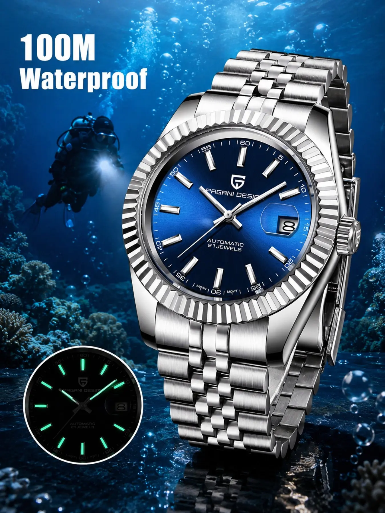 PAGANI DESIGN 2026 New Luxury Men’s Automatic Mechanical Watch, Japanese Automatic Movement, 100M Water Resistant, Luminous Dial, Date Display, Stainless Steel Casual Business Wristwatch PD-1645