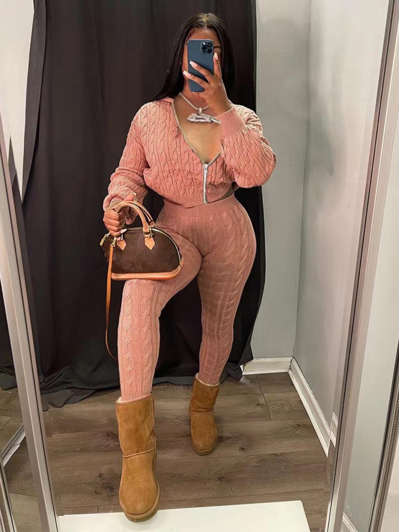 Women's Minimalist Textured Long Sleeve Crop Hooded Sweater & High Waist Skinny Pants Set, Casual Cozy Lady Knitwear Outfits Suits, Basic Womenswear