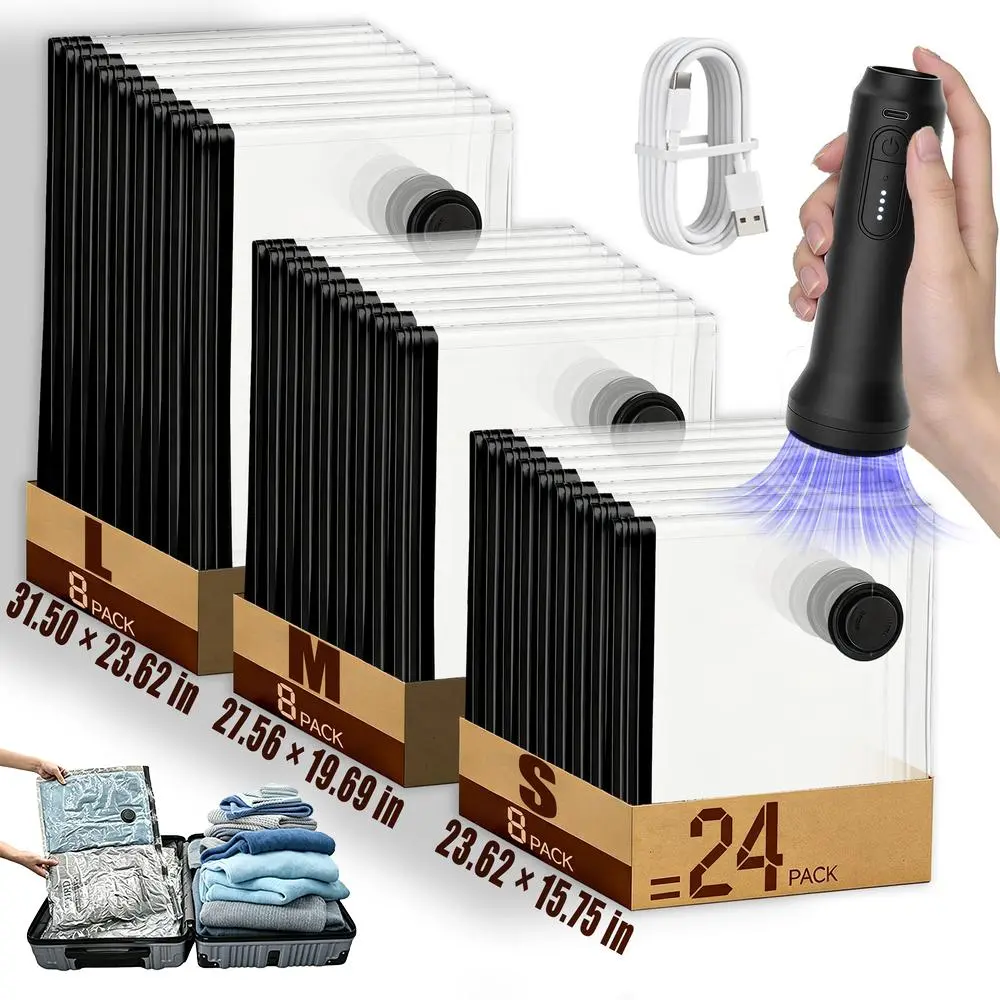 Multi-Size Rechargeable Cordless Vacuum Seal Bags Bundle Pack (24 Bags) with Waterproof Resealable Design, Efficient Air Extraction Pump for Luggage & Household Bedding