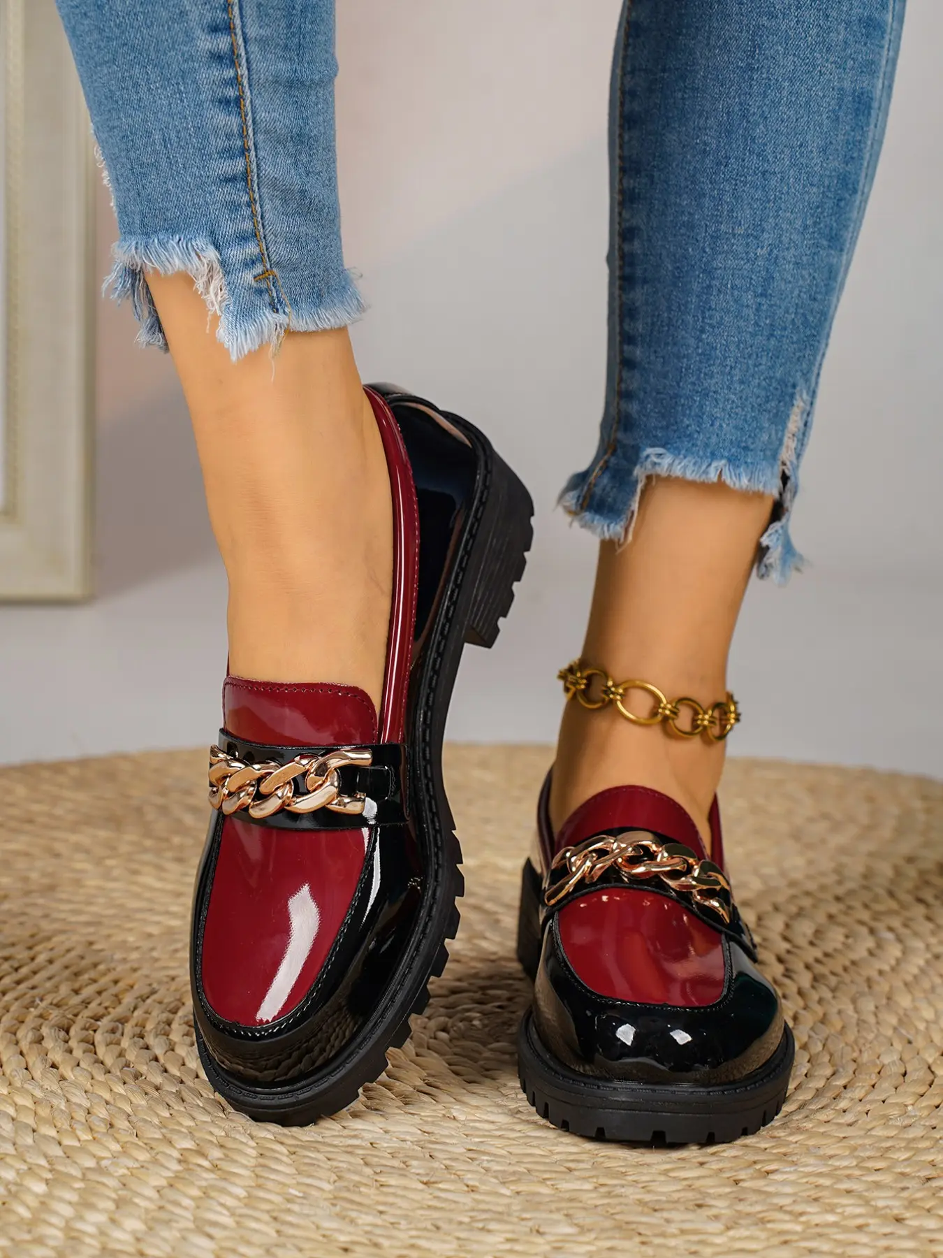 Women's Colorblock PU Leather Loafers, Metal Buckle Thick Sole, British Style Chunky Heel, Slip-On Casual Shoes for All Seasons