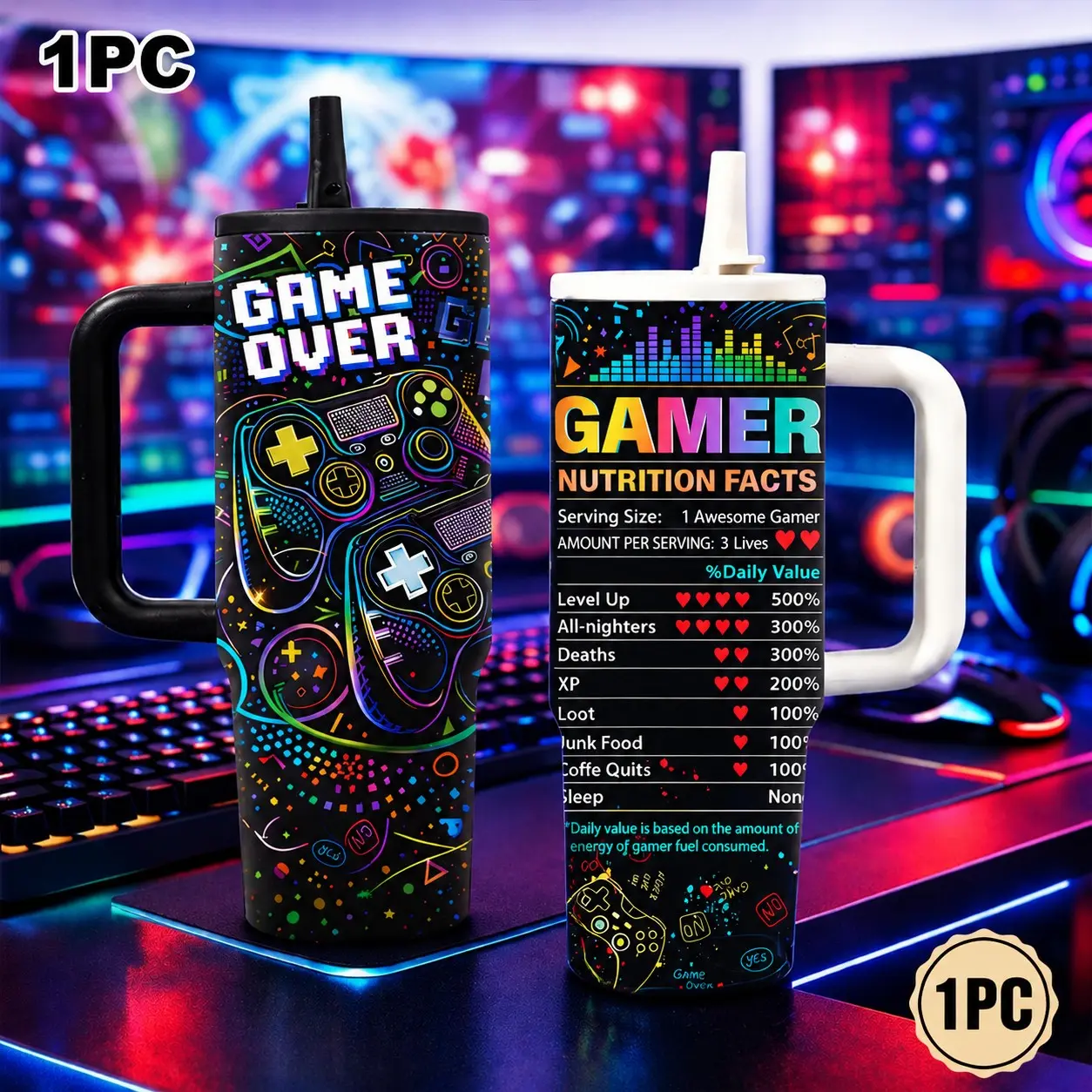 40oz Gaming-Themed Insulated Cup Leakproof Tumbler with Double-Wall Vacuum Stainless Steel, Keeps Drinks Hot for 12 Hours & Cold for 24 Hours, Leak-Proof Lid Design, Ideal Gift for Gamers & Holiday Recommendations, Drinkware Vacuum Flasks