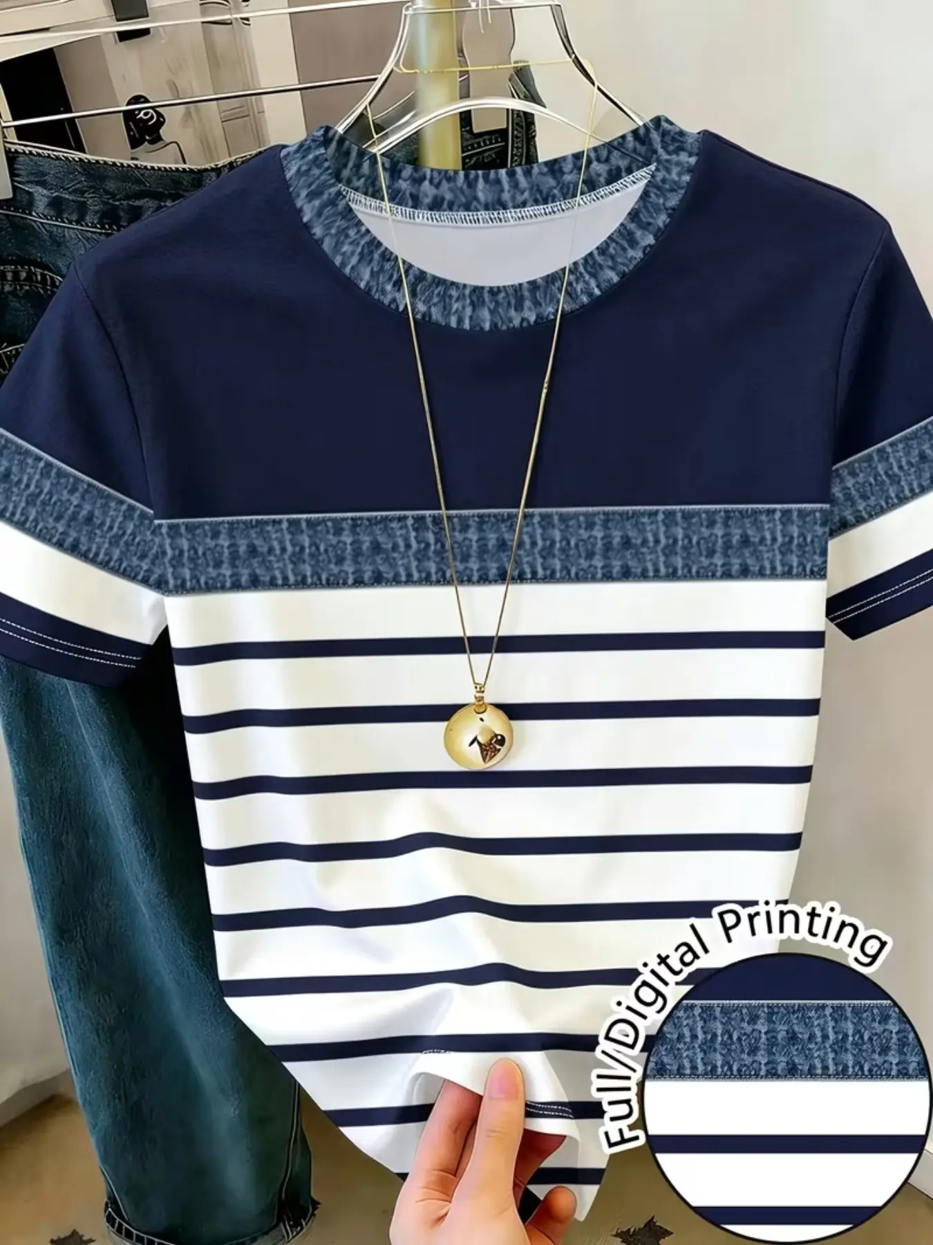 Women's Round Neck Short Sleeve T-Shirt, Navy Striped Denim Print, Casual Loose-Fit Top, Casual Loose Tee, All Seasons Fashion