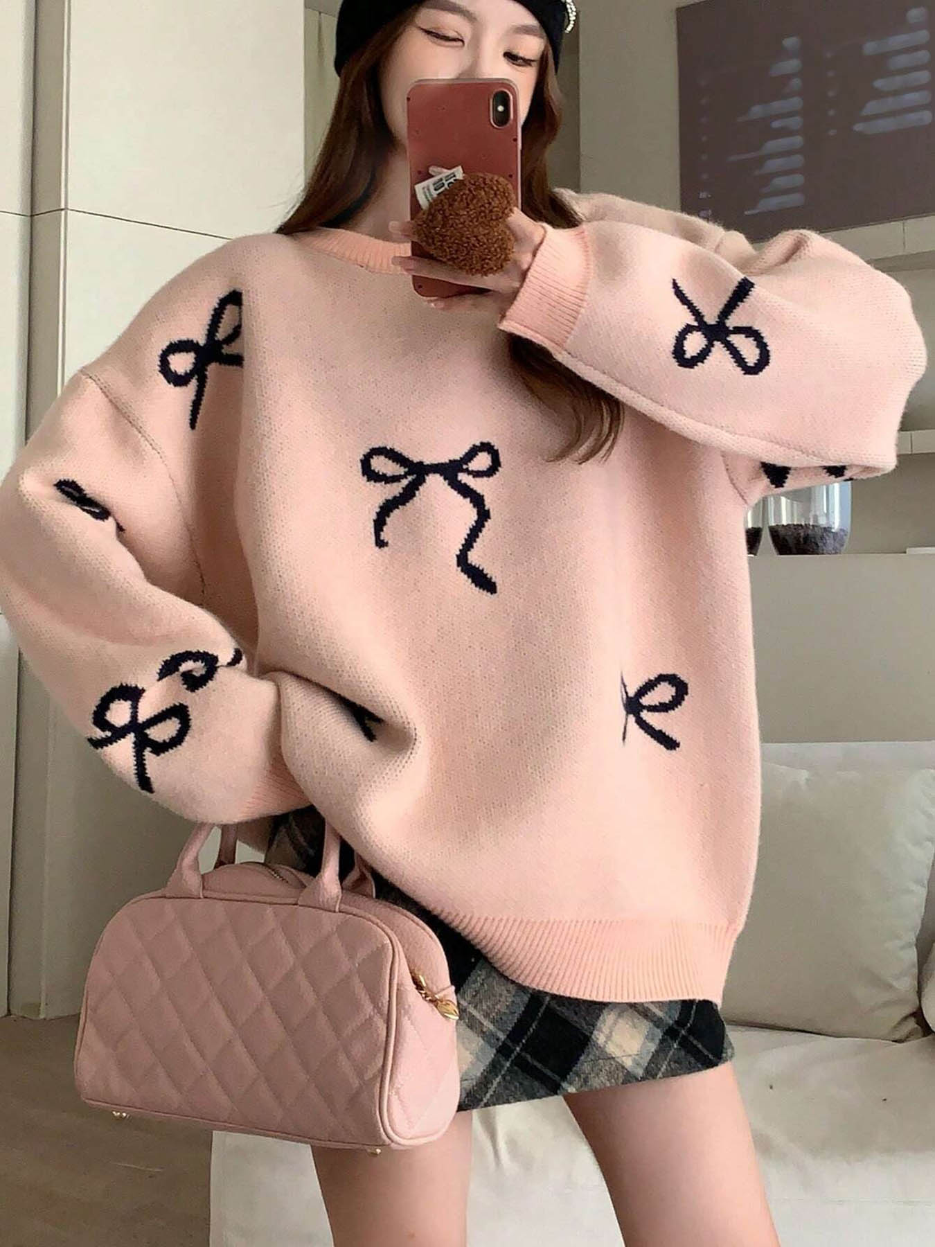 Women's Bow Print Crew Neck Sweater, Casual Long Sleeve Jumper for Fall & Winter, Fashion Ladies' Knitwear Womenswear for Daily Wear Valentine's Day, Gift, Sweaters for Women
