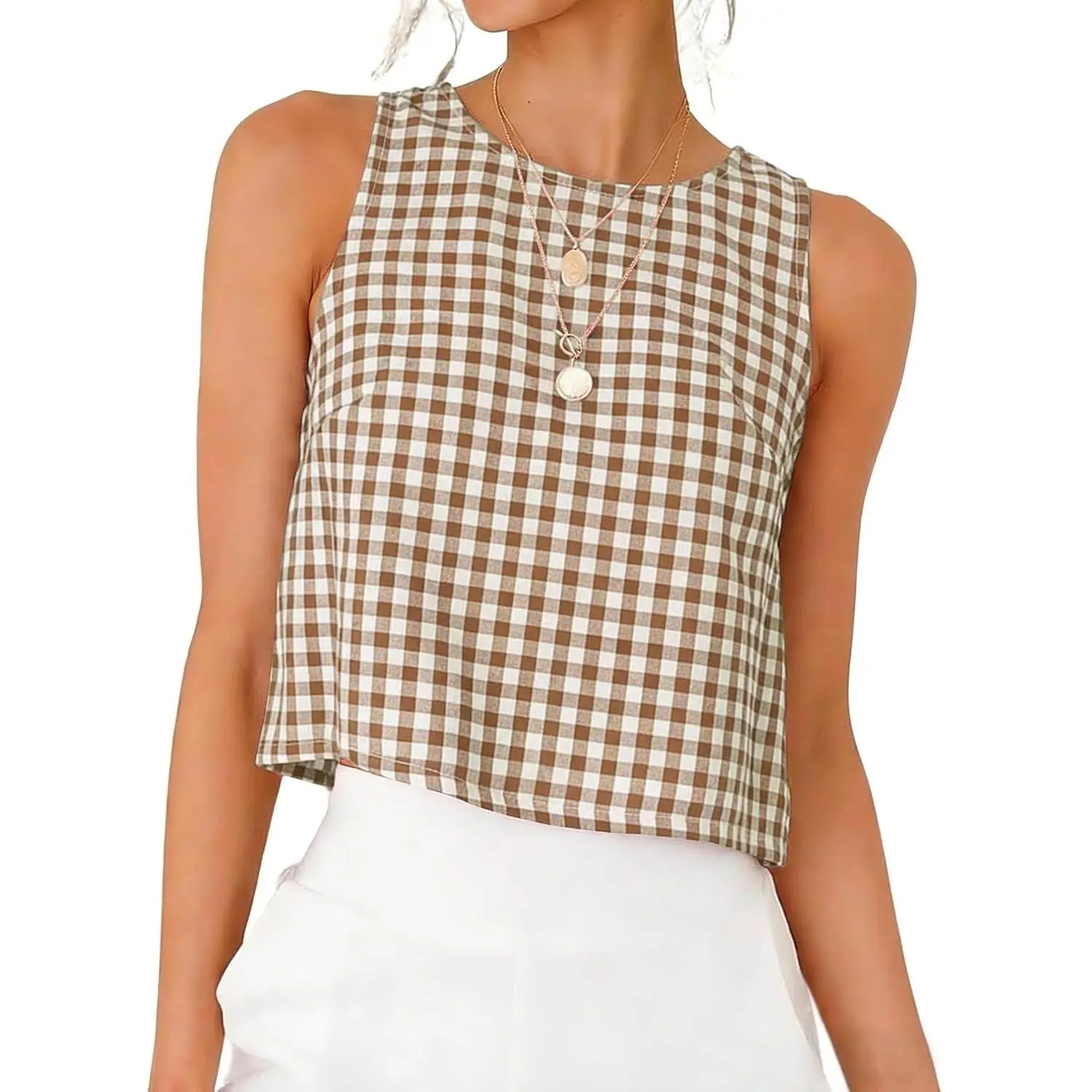 Women's Gingham Cropped Crop Tank Top - 2026 Spring Summer Sleeveless Vest, Outfits Shirts Blouses with Flattering Fit, Cotton, Cute, Clothes, Beach, Casual, Plaid, Soft, Tank Top For Women, Tank Tops For Women, Relaxed Fit