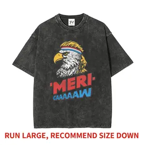 'Meri-caaaaaaw Funny Patriotic Eagle Meme Graphic Tee, Heavyweight Boxy Fit T-Shirt, Vintage Washed Extremely Oversized, Pure Cotton