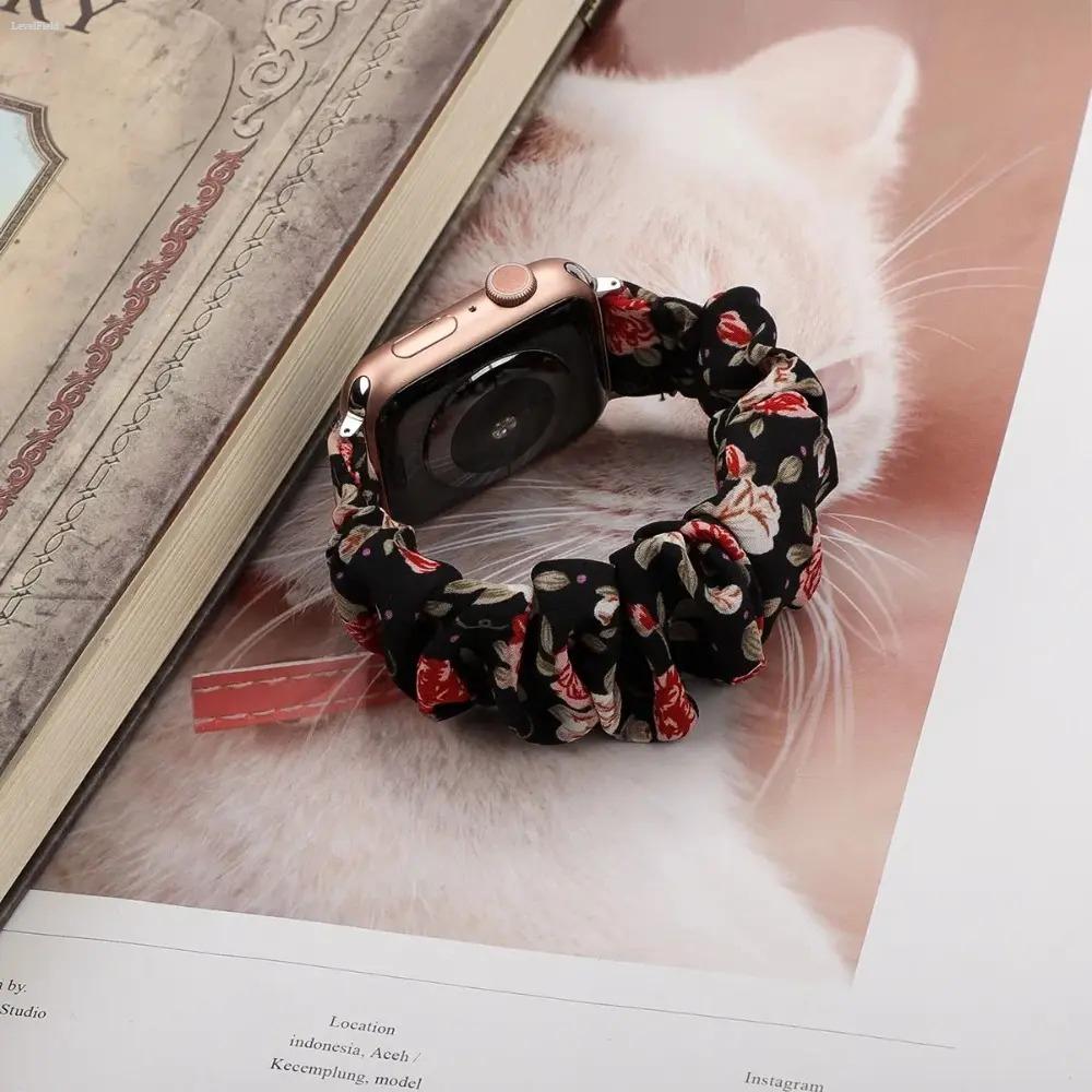 Apple Watch Scrunchie Band for Women – Stretchy Elastic Replacement Strap, Cute Floral Printed Aesthetic Wristband, Soft Comfortable Fit for 38–49mm (Ultra/SE/Series), Perfect for Daily Wear & Outfits