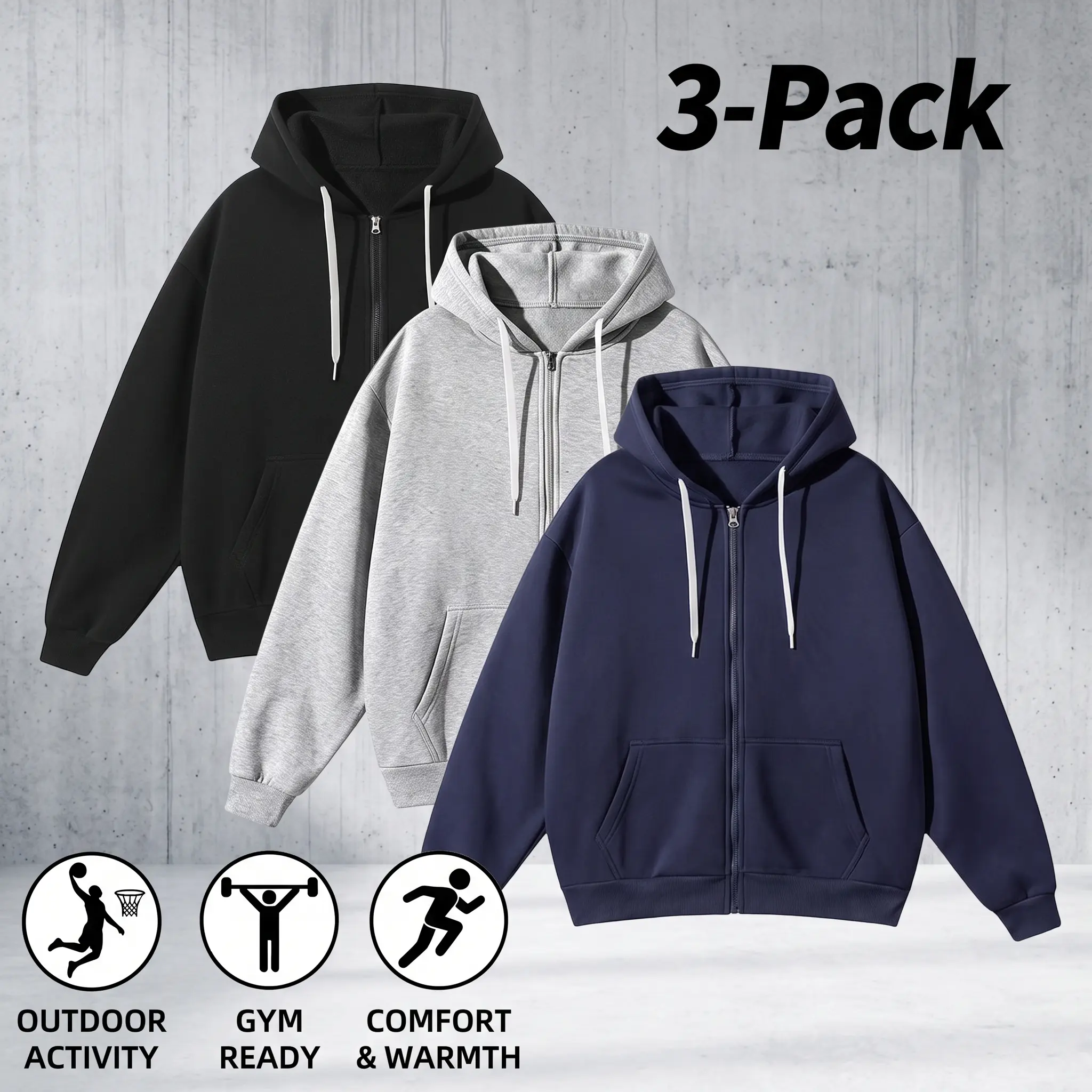 Men's 3-Pack Plain Full-Zip Hoodies - Menswear Sweatshirts Tops, Soft Polyester Blend Long Sleeves, Drawstring, Side Pockets, Loose Fit for Basketball, Urban Wear