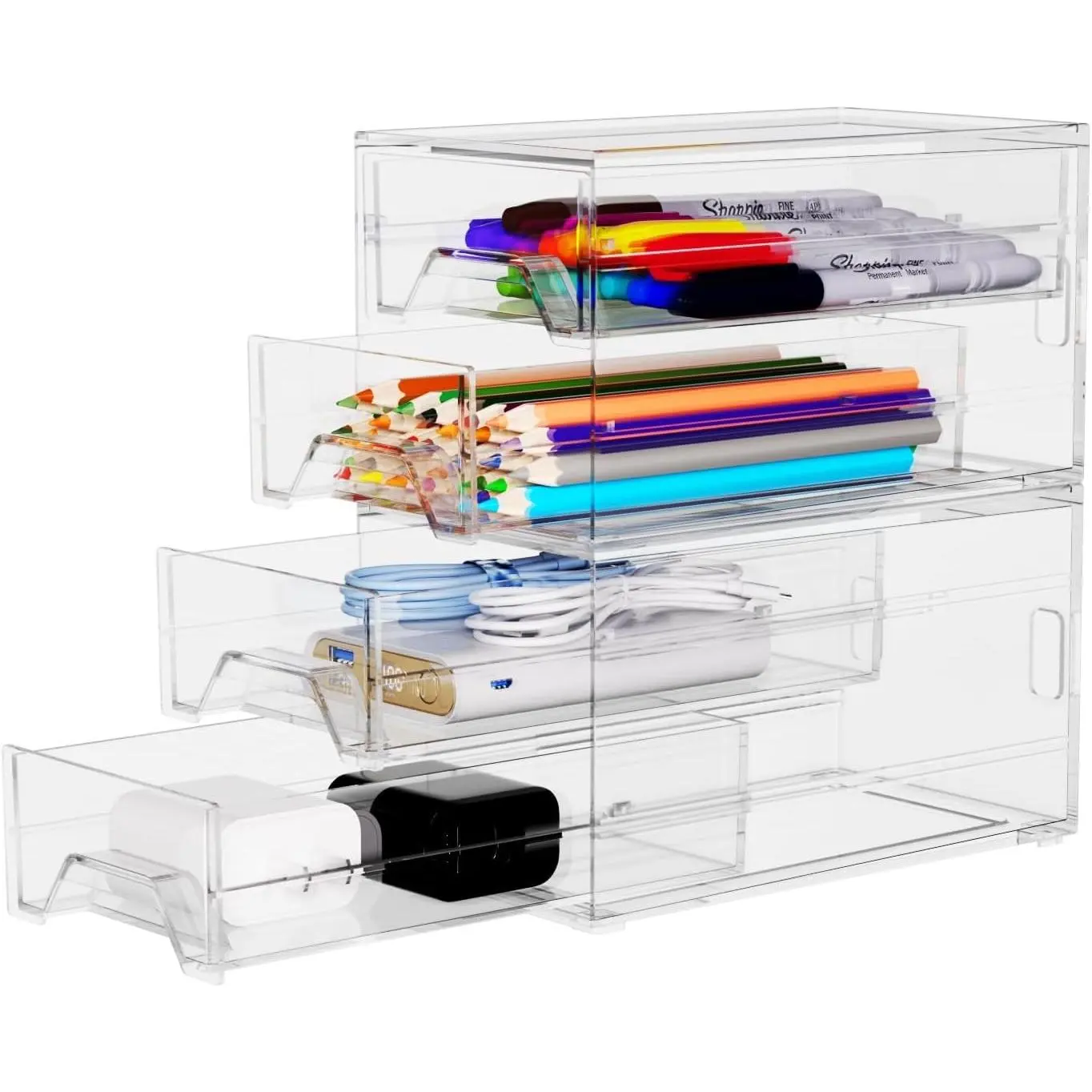 Clear Acrylic Desktop Organizer Drawers - Stackable Plastic Storage for Makeup, Craft Supplies, and Office Stationery - Transparent Vanity Cabinet & Aesthetic Desk Declutter Unit