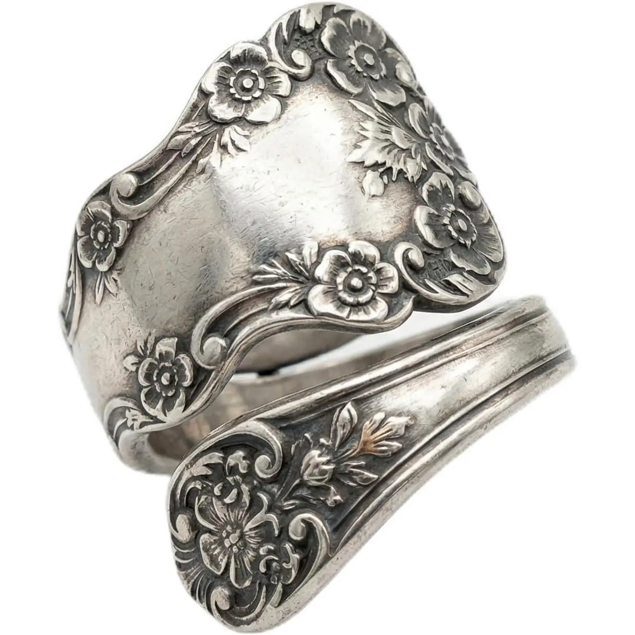 Spoon Ring for Women Vintage Silver Floral Flower Rings Wide Wrap Boho Circling Rose Cluster Rings Adjustable Extendable Wedding Finger Ring Retro Jewelry for Women Men