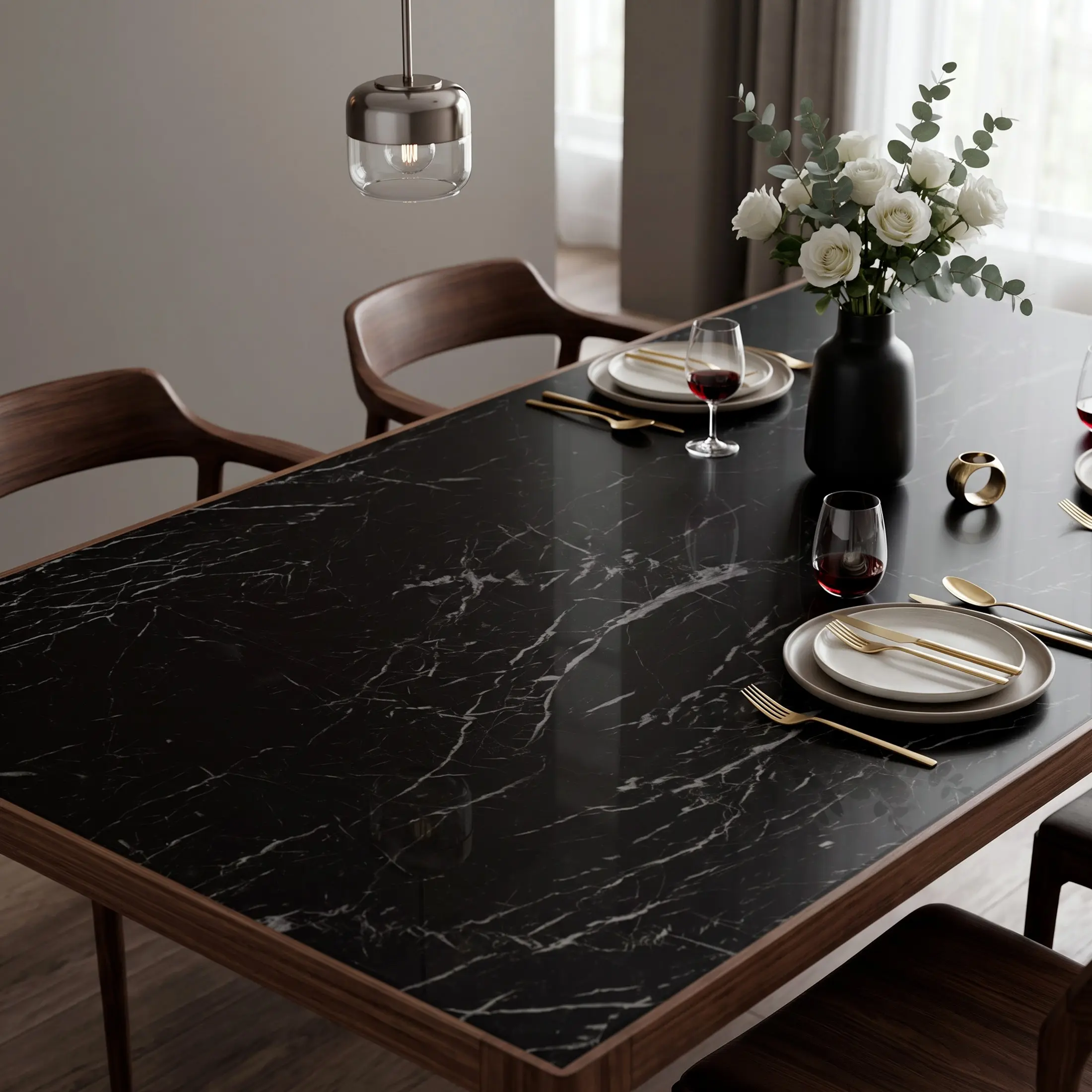 Black Marble Self-Adhesive Contact Paper, Waterproof & Oil-Proof Kitchen Countertop Film, High Gloss Removable Furniture Sticker for Cabinets, Tables, Shelves & Sink Makeover